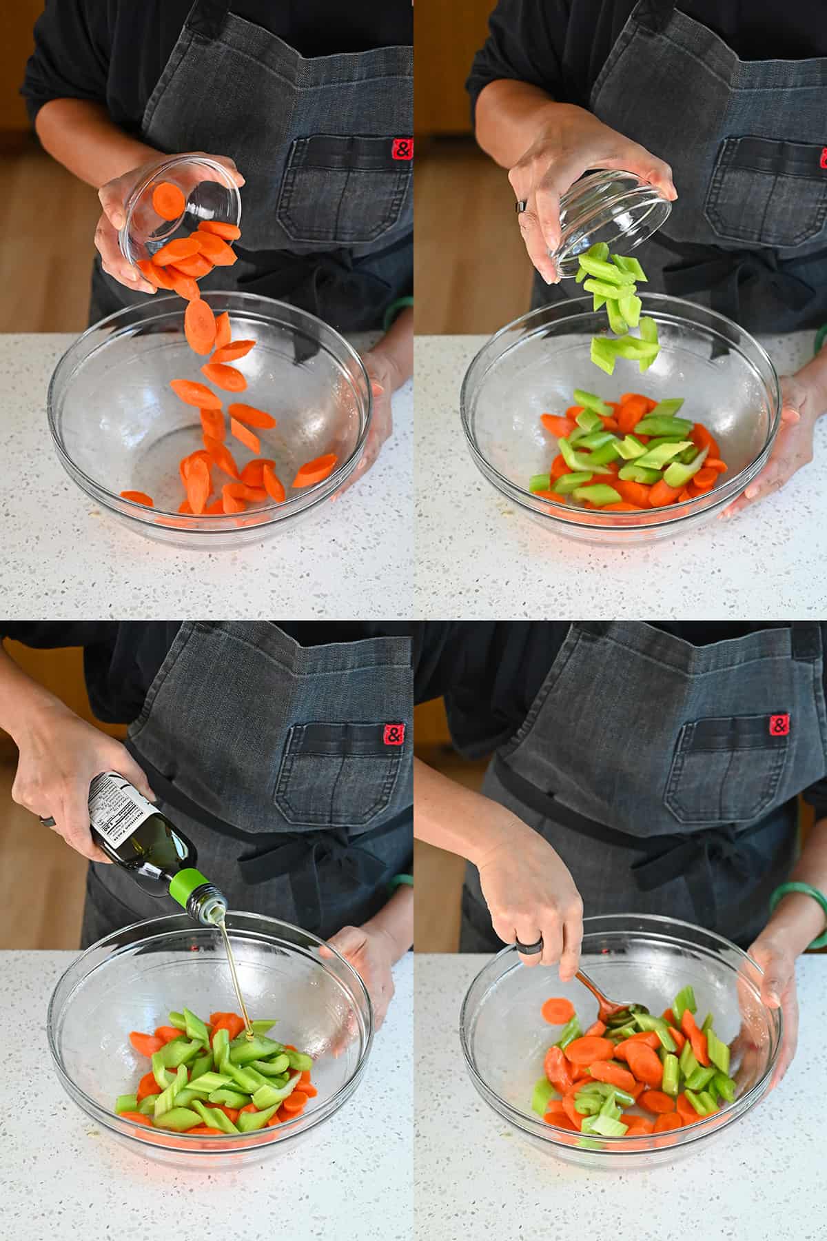 Four shots that show someone adding sliced carrots and celery to a bowl and tossing them with avocado oil.