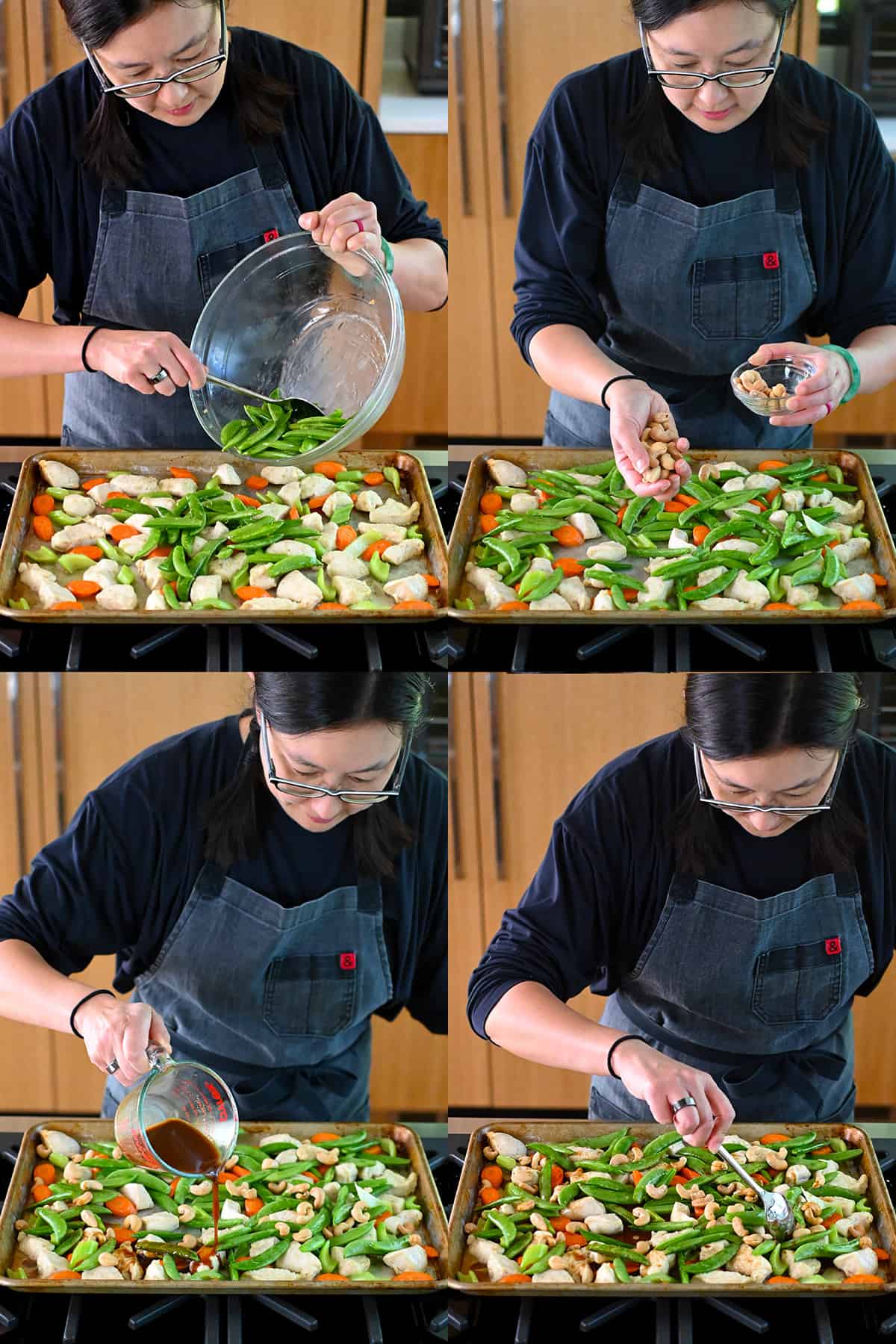Four sequential shots that show an Asian woman adding raw sugar snap peas, roasted cashews, All-Purpose Stir Fry sauce to a sheet pan with cooked chicken, celery, and carrots. Then, she uses a spoon to make sure everything is in a single layer.