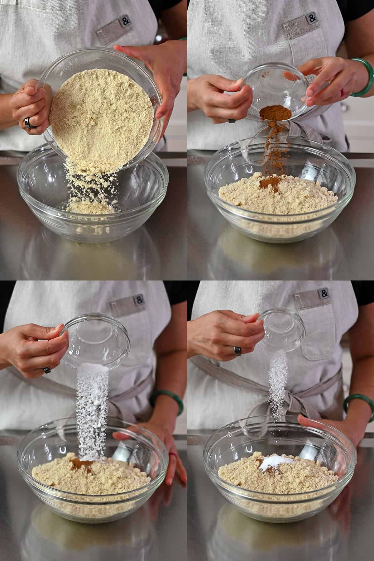 Four sequential shots that show someone adding the dry ingredients (almond flour, ground cinnamon, baking soda, cream of tartar) into a clear glass mixing bowl to make paleo apple muffins.