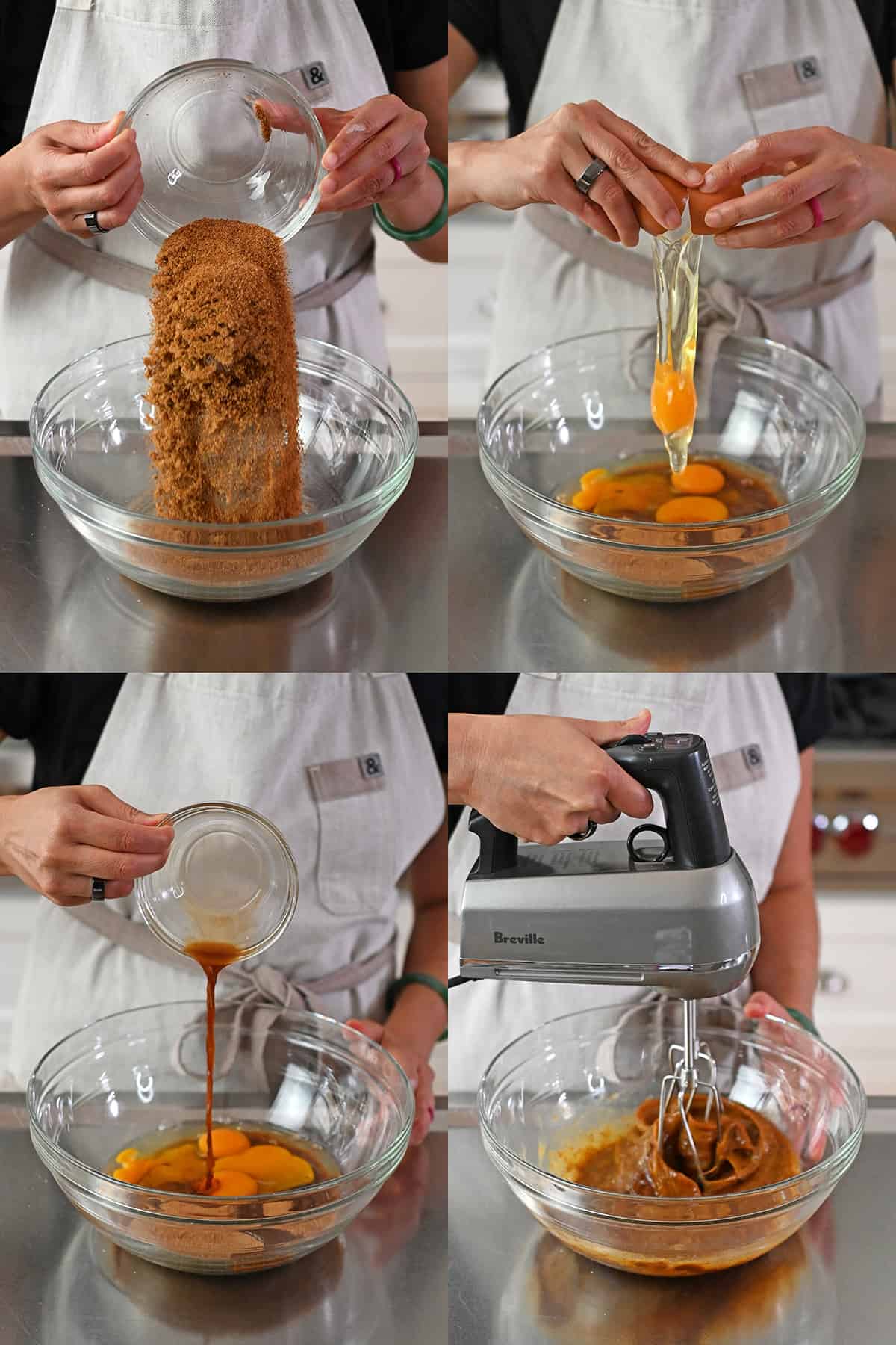 A person in a beige apron combines coconut sugar, four raw eggs, and vanilla extract in a large glass mixing bowl and mixes everything with an electric hand mixer.