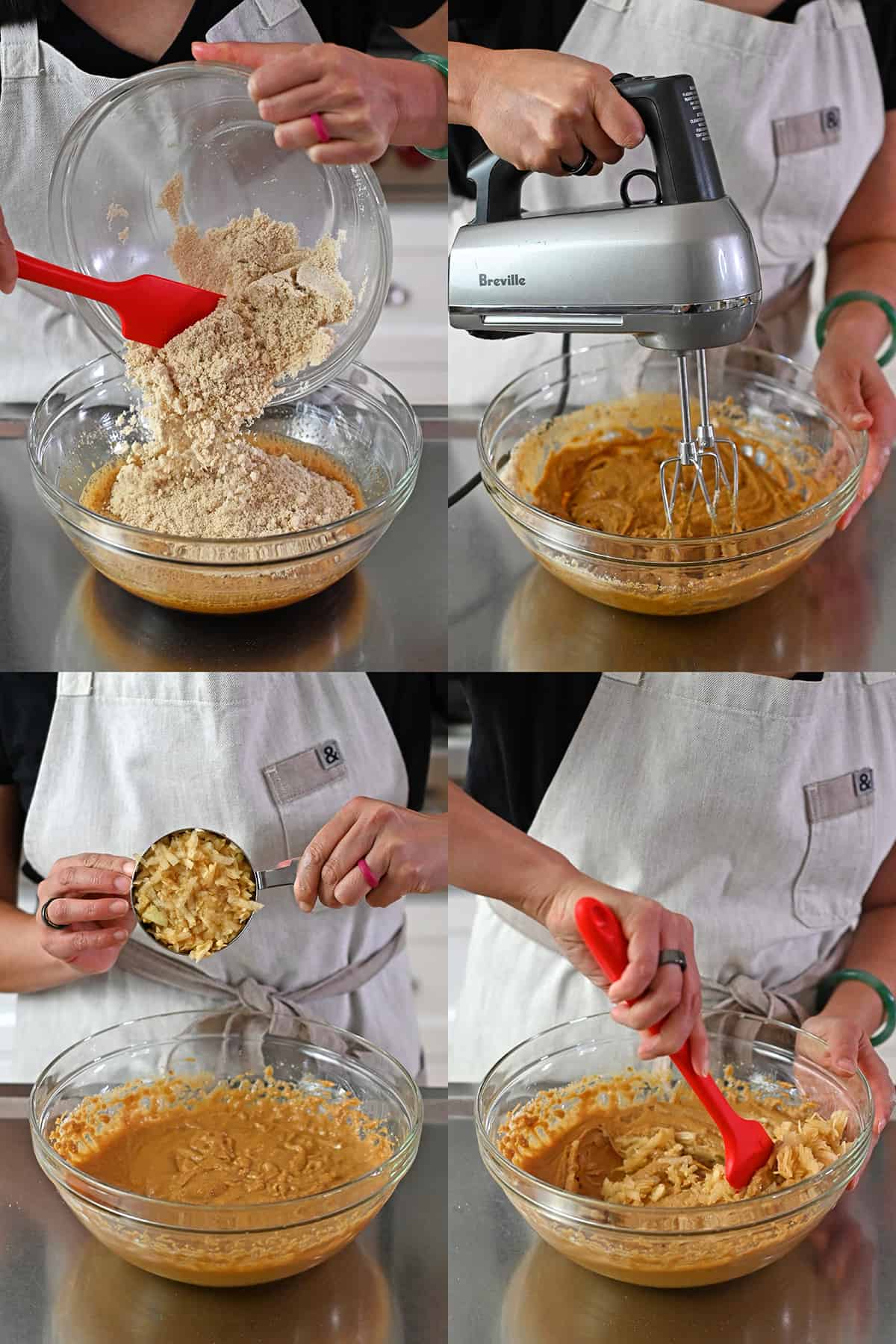 Four sequential shots that show combining the wet and dry ingredients to make paleo apple muffins with an electric hand mixer and then using a red spatula to mix in the shredded apple.