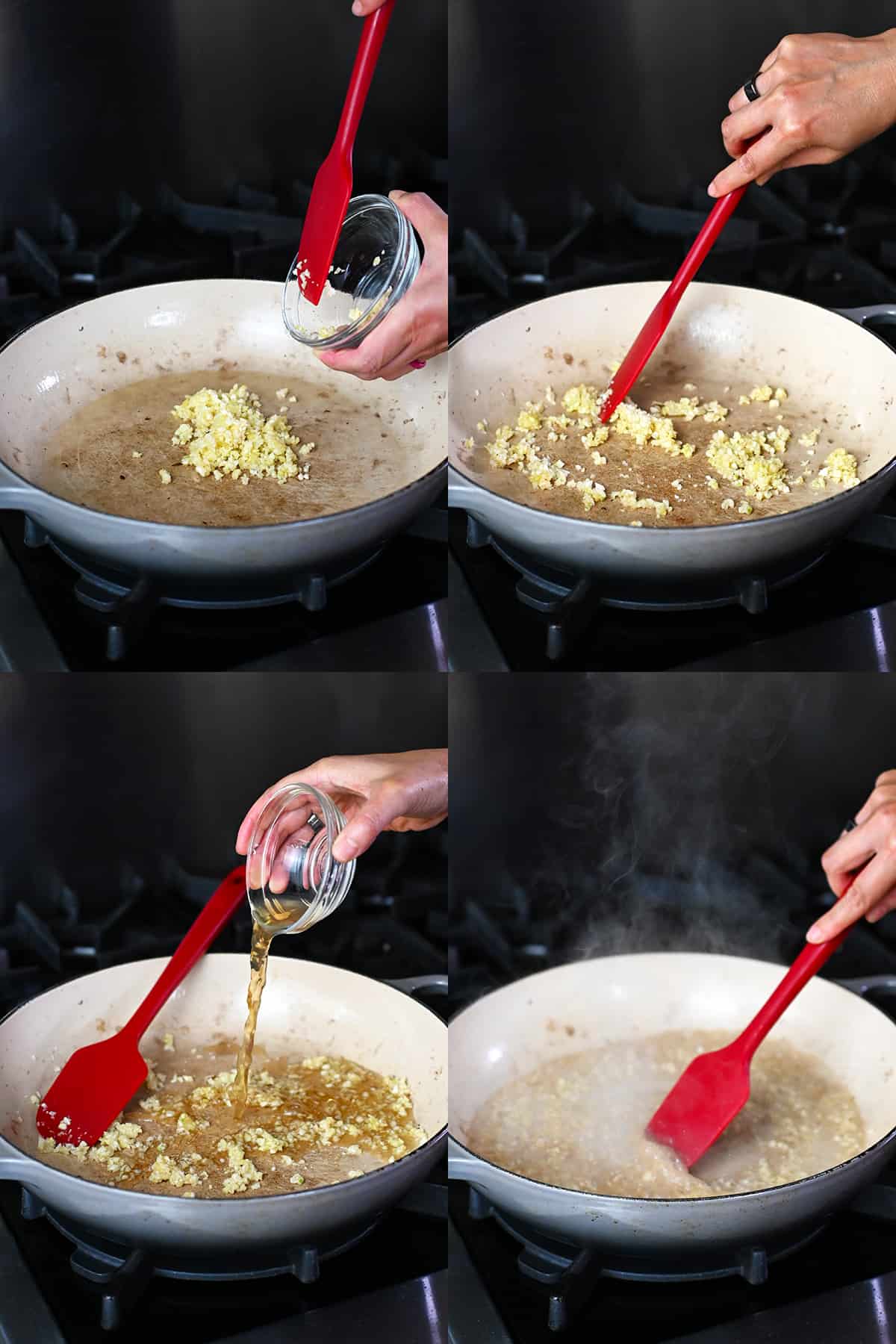 Four sequential shots that show someone adding minced garlic into an empty pan and then pouring in chicken broth and stirring it around with a red spatula.