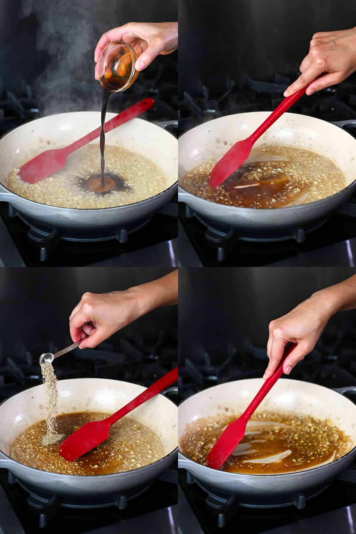 Four sequential shots that show someone adding coconut aminos and Umami Stir-Fry Powder to a pan with minced garlic and chicken broth.