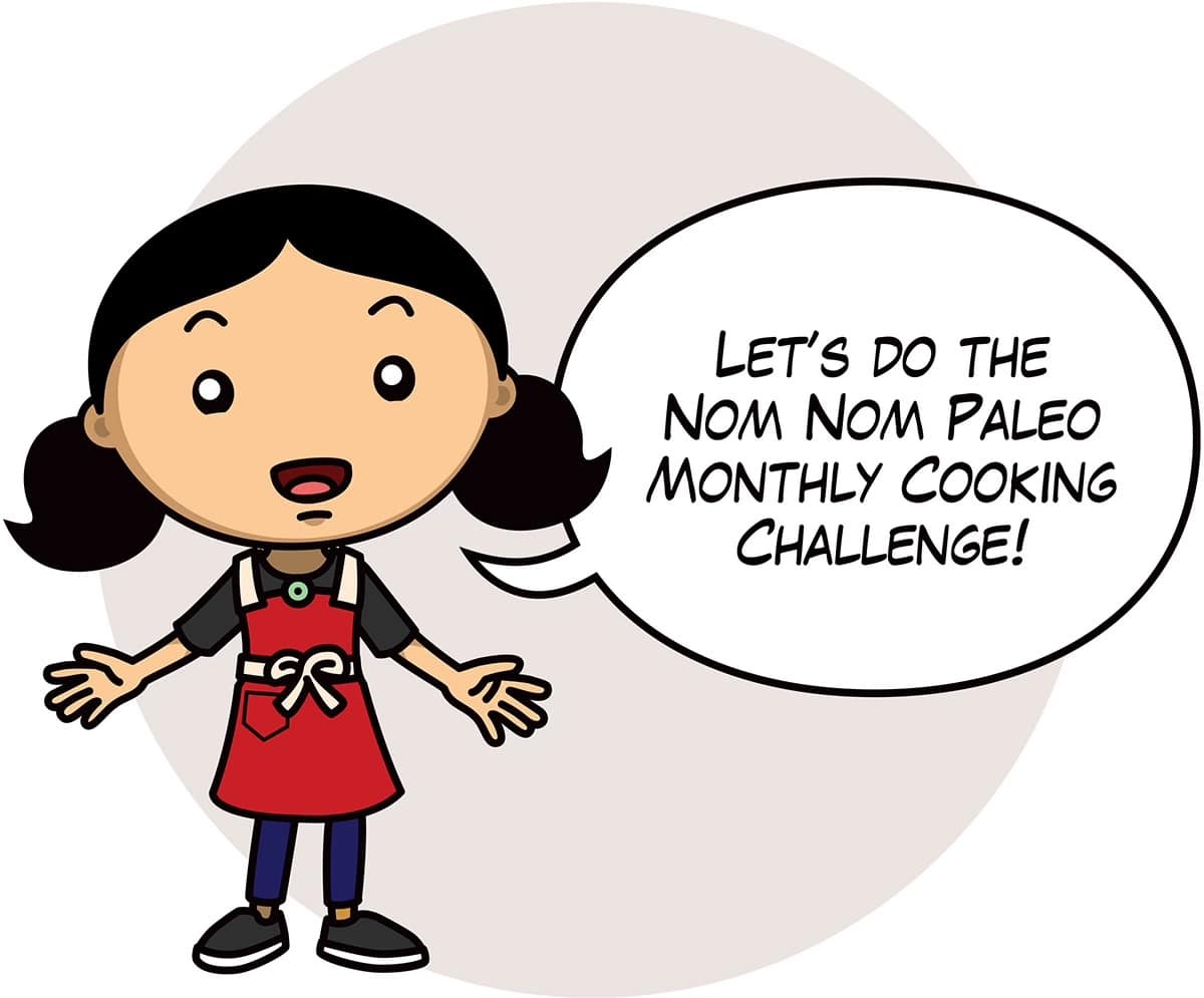 A cartoon Michelle Tam in a red apron has a word bubble that says, "Let's do the Nom Nom Paleo monthly cooking challenge!"