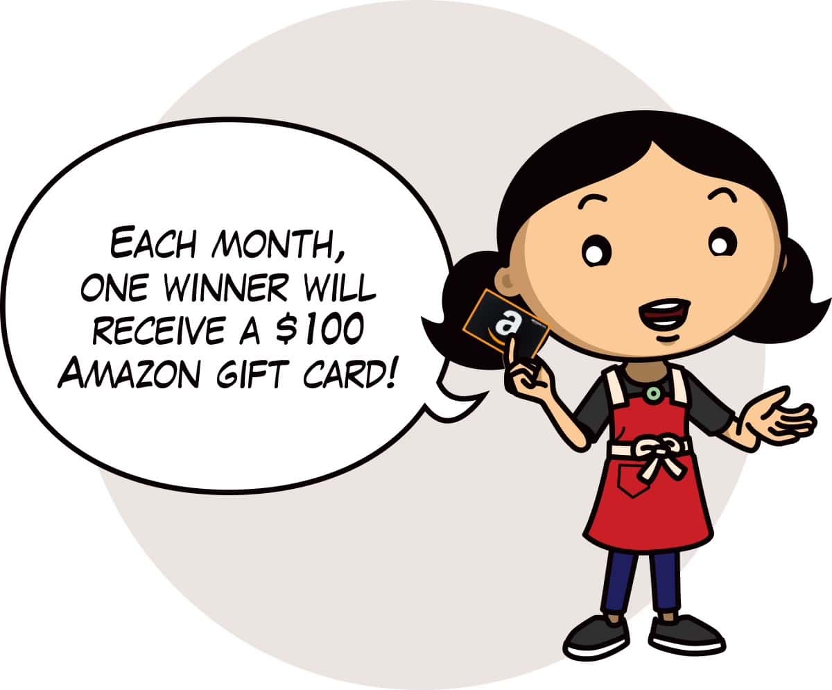 A cartoon Michelle Tam in a red apron has a word bubble that says, "Each month, one winner will win a $100 Amazon gift card!"