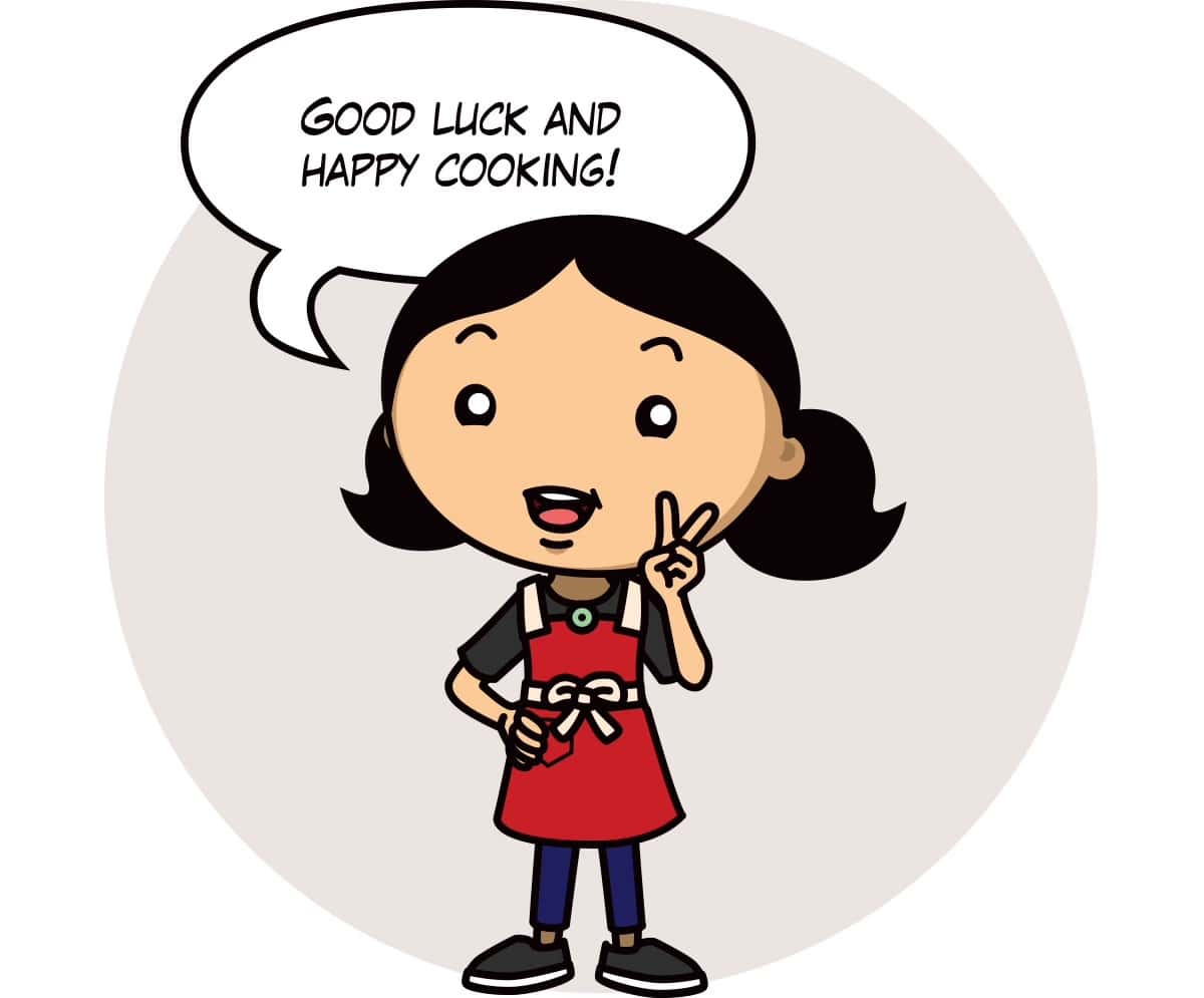 A cartoon Michelle Tam in a red apron has a word bubble that says,"Good luck and happy cooking!"