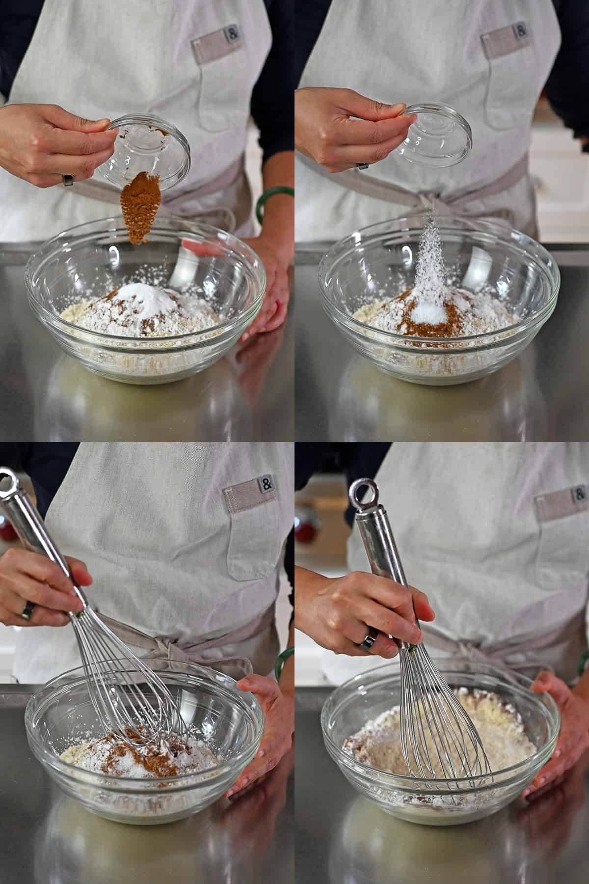 Four sequential photos that show someone adding ground cinnamon and salt to a bowl of the dry ingredients to make pumpkin cookies and mixing everything with a metal balloon whisk.
