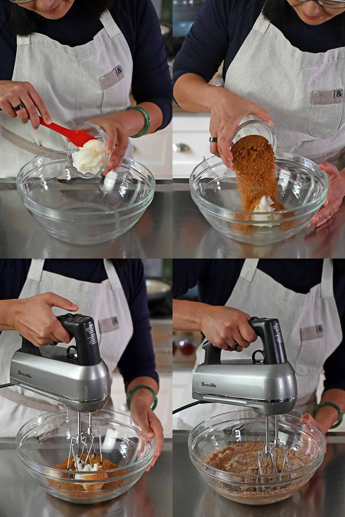 Four sequential photos that show someone combing softened coconut oil and coconut sugar in a glass bowl and creaming it together with a hand mixer.