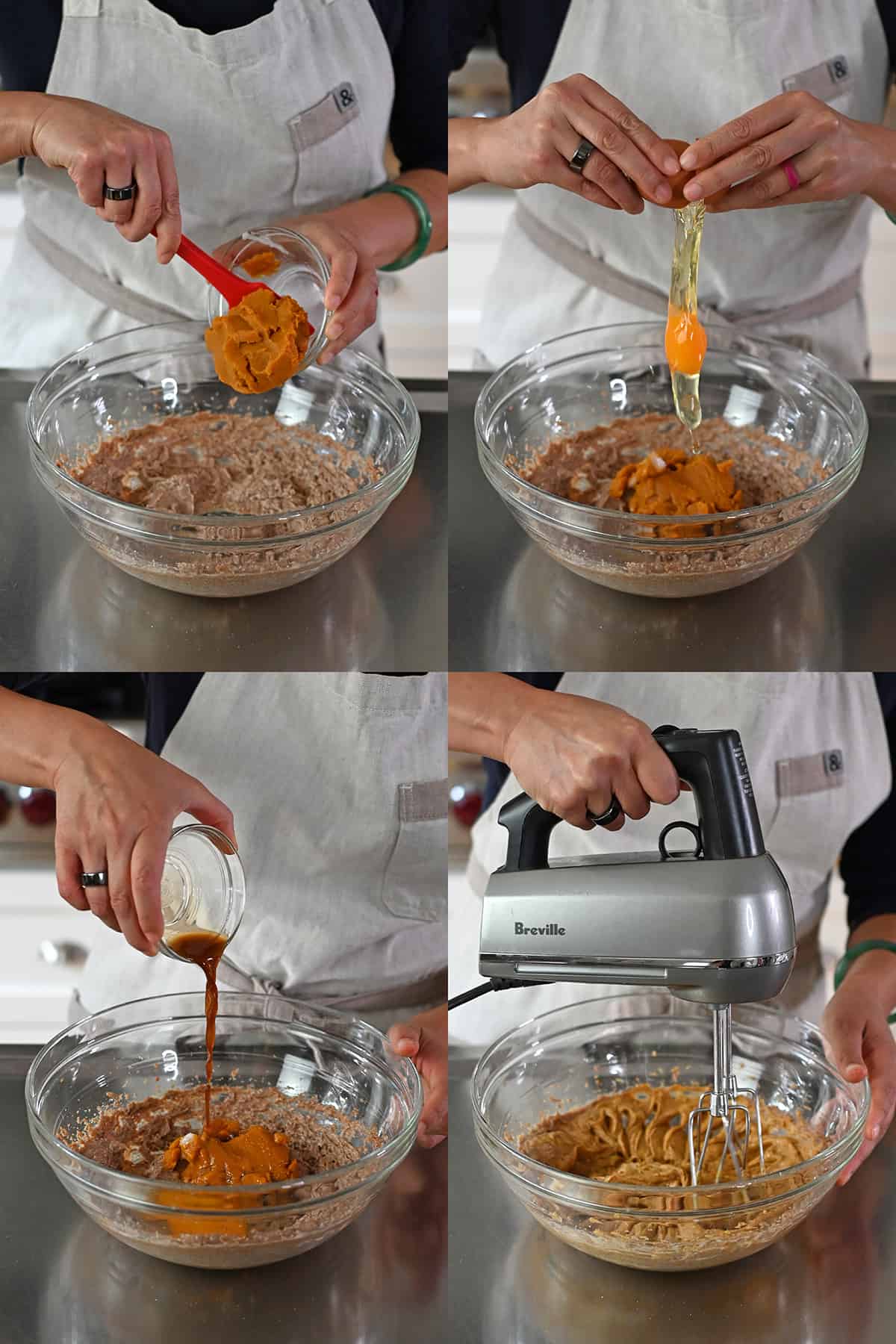 Four sequential photos that show someone adding pumpkin puree, raw egg, and vanilla to a bowl of creamed coconut sugar and coconut oil and blending it all together with a hand mixer.