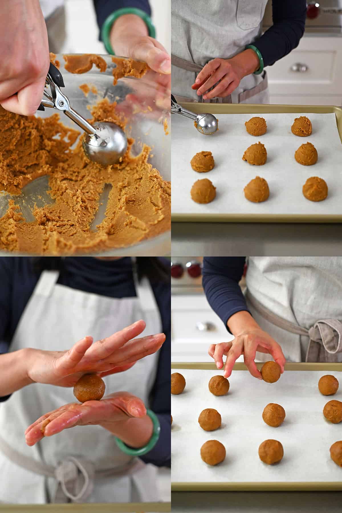 Four sequential photos that show someone scooping pumpkin cookie dough with an ice cream scoop, rolling the dough balls into balls, and placing them on the parchment lined rimmed baking sheets.