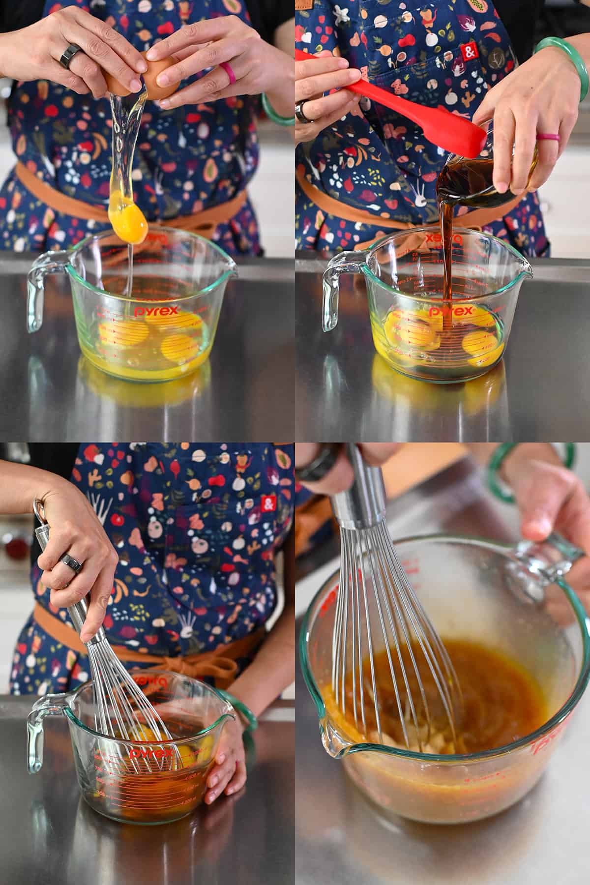 Four sequential shots that show a person whisking together 4 raw eggs with maple syrup in a large measuring cup.