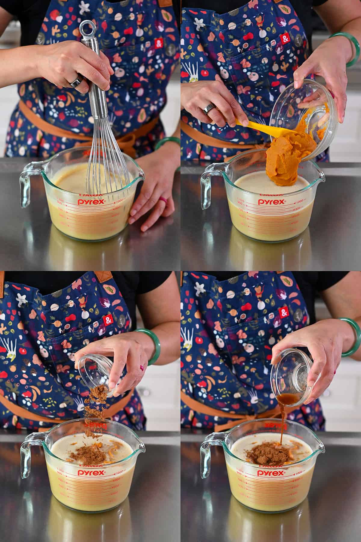 Four sequential shot that show someone in an apron adding pumpkin puree, pumpkin spice and vanilla extract to measuring cup filled with whisked raw eggs, coconut milk, and coconut milk.