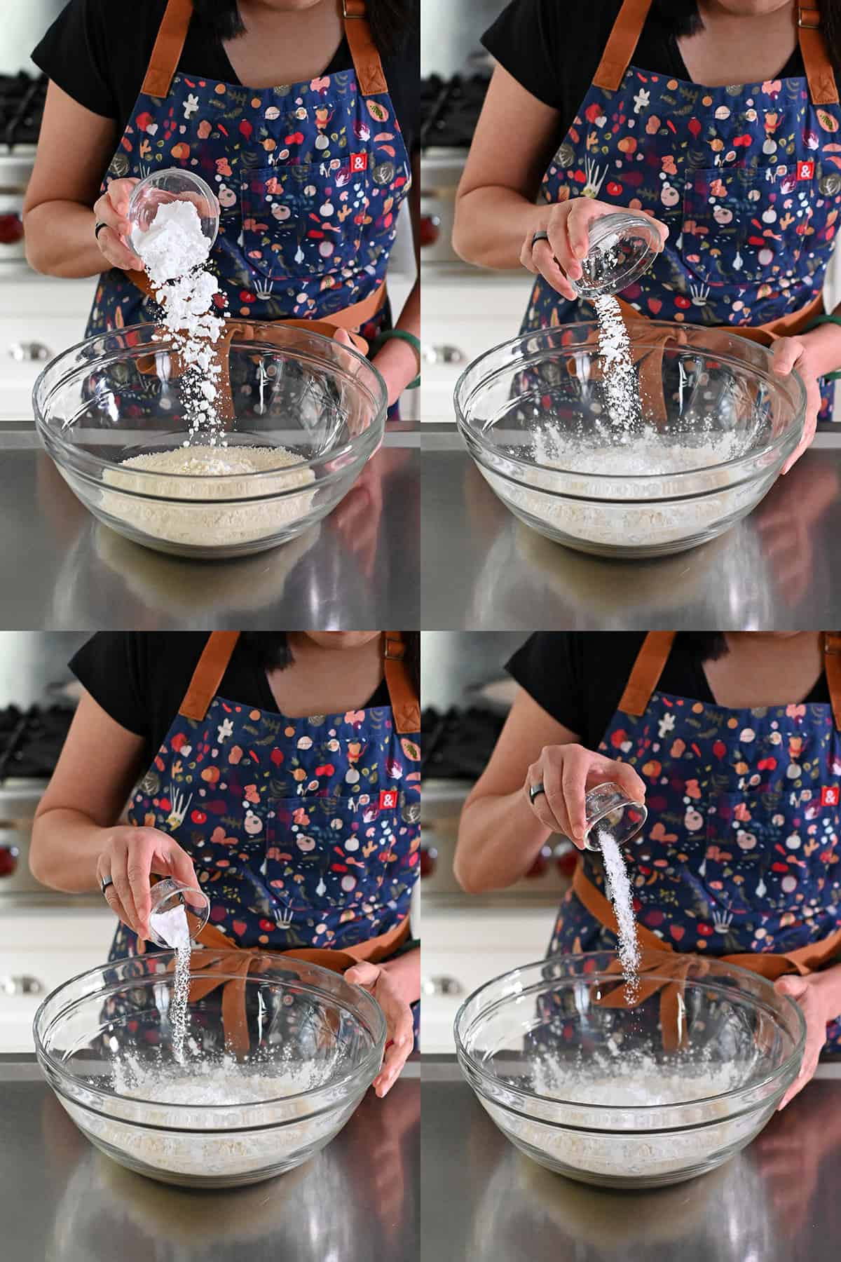 Combiing almond flour, tapioca starch, cream of tartar, and baking soda into a large glass mixing bowl.