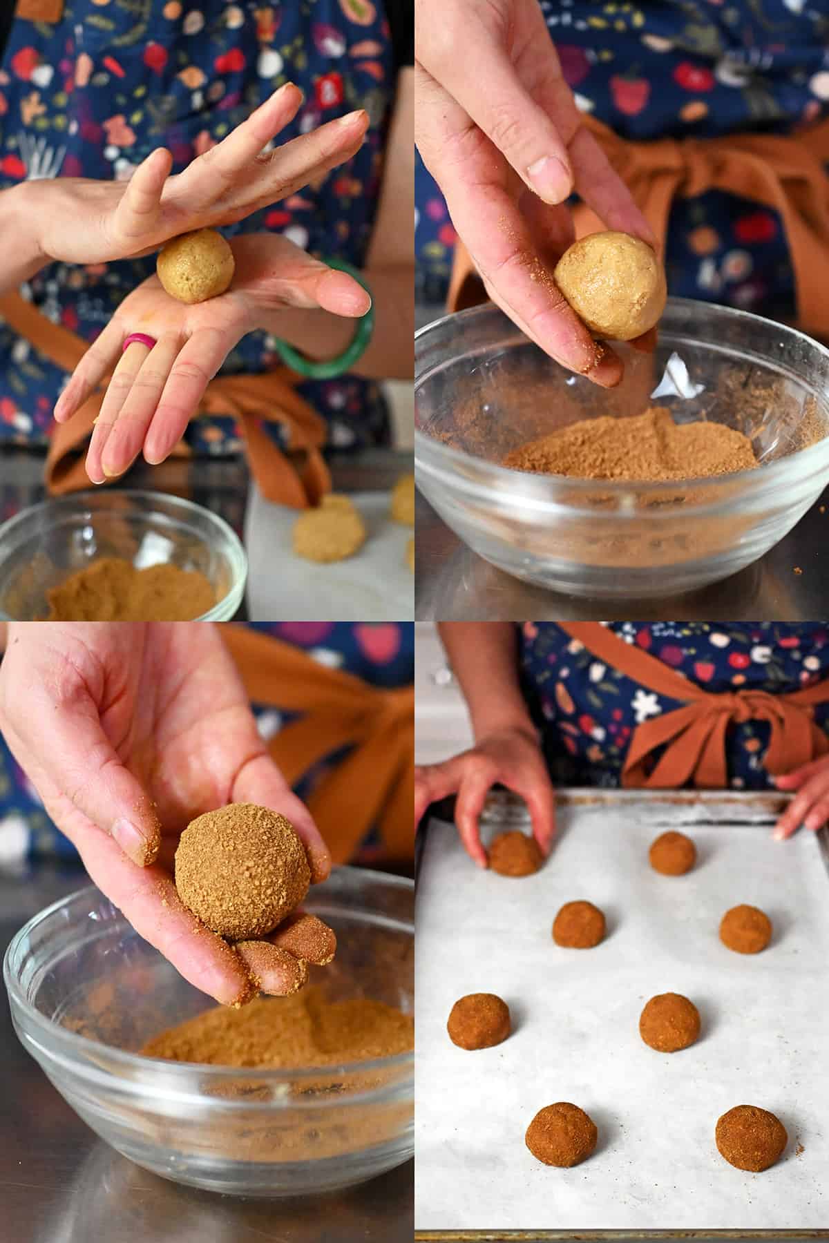 Rolling the snickerdoodle dough into balls, coating them in cinnamon sugar, and then arranging them in a staggered fashion on a parchment lined baking sheet.