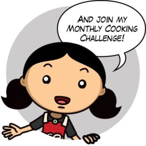A cartoon Michelle Tam is saying "and join my monthly cooking challenge!"