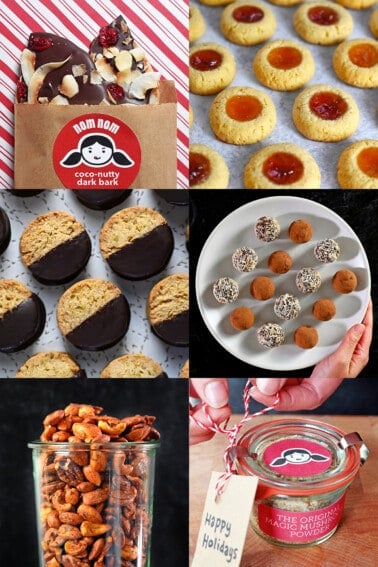 A collage of six homemade edible holiday gifts from Nom Nom Paleo.
