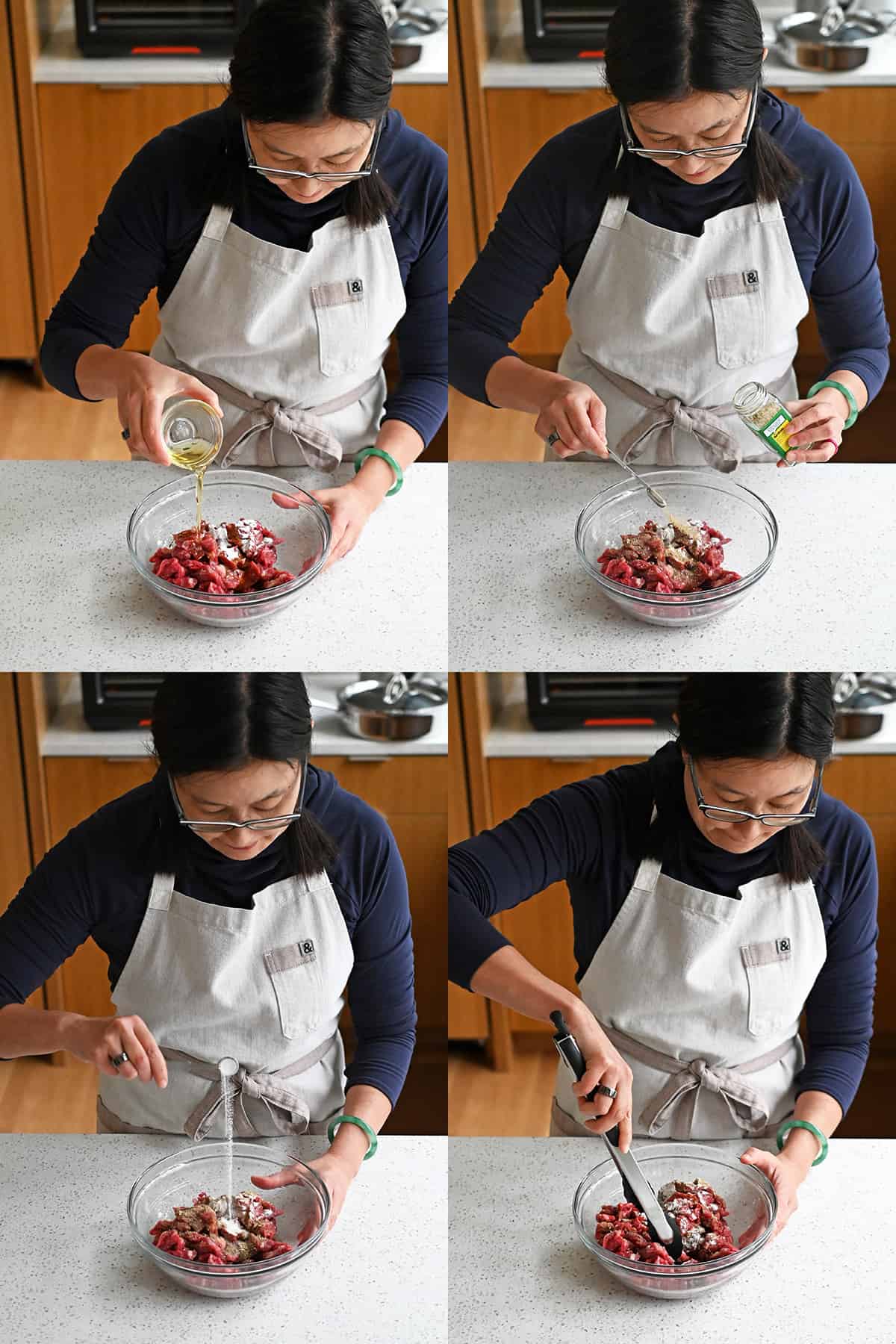 An Asian woman is adding avocado oil, Umami Stir-Fry Powder, and baking soda to a bowl of raw flanks steak. She then tosses everything with a pair of tongs.