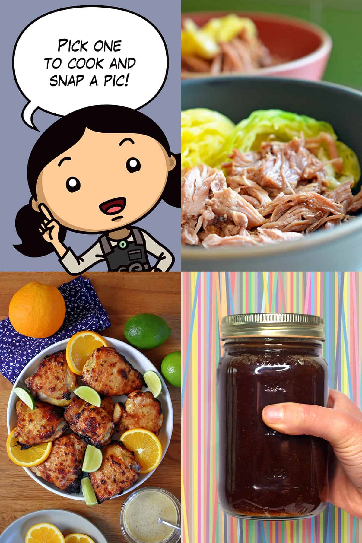 A cartoon Michelle Tam is telling folks to cook one of the January cooking challenge recipes (Instant Pot Kalua Pig, Mojo Chicken or All-Purpose Stir-Fry Sauce) and take a picture of the dish.