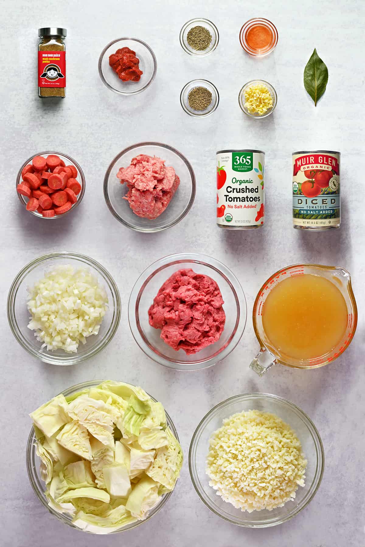 An overhead shot of the prepped ingredients to make cabbage roll soup.