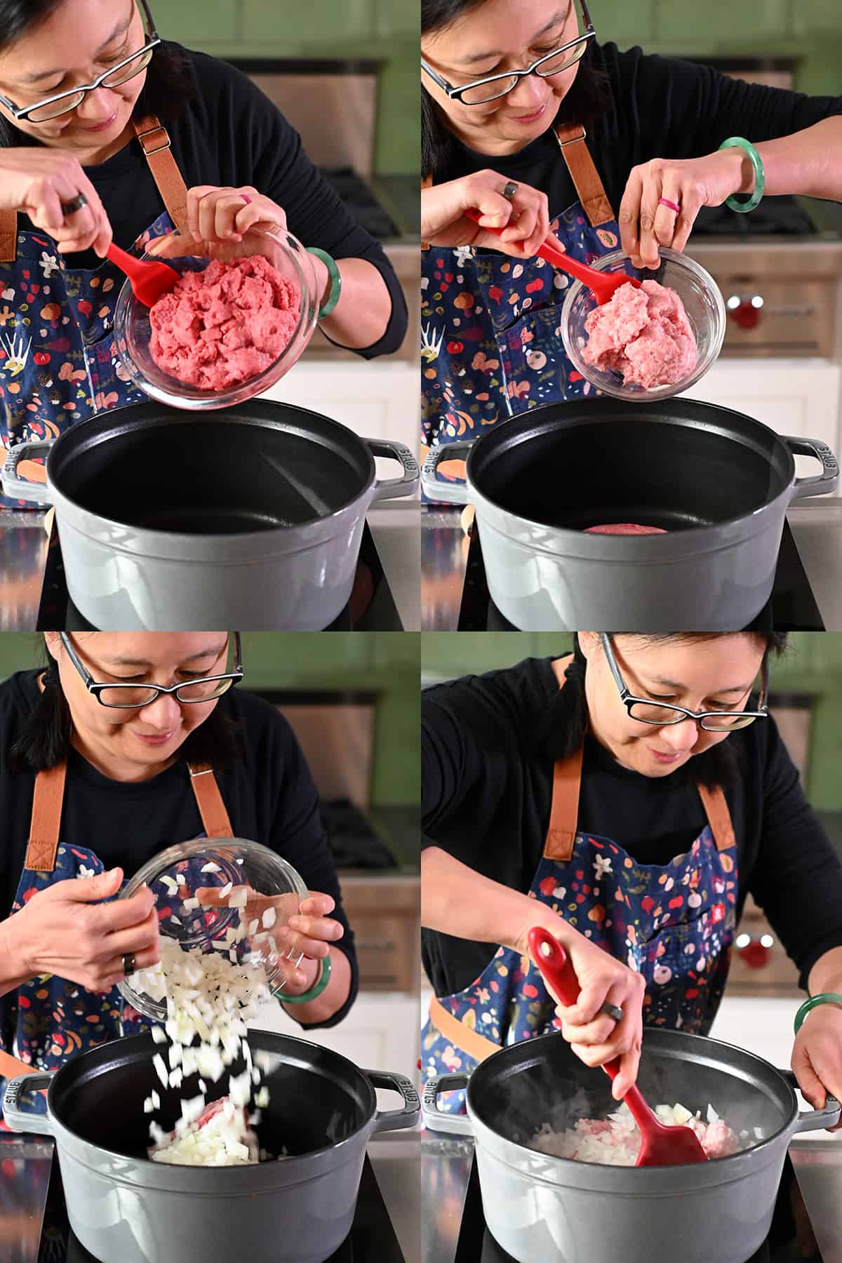 Four sequential shots of an Asian woman in glasses adding raw ground beef, raw ground pork, and chopped onions to a gray stockpot to make cabbage roll soup.