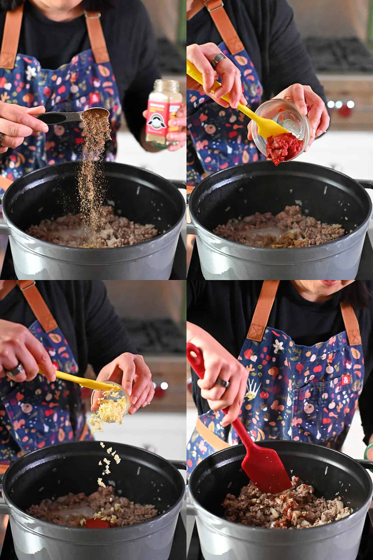 Four sequential photos that show someone adding Nom Nom Paleo Magic Mushroom Powder, tomato paste, and minced garlic to a gray stockpot filled with cooked ground meat and onions.