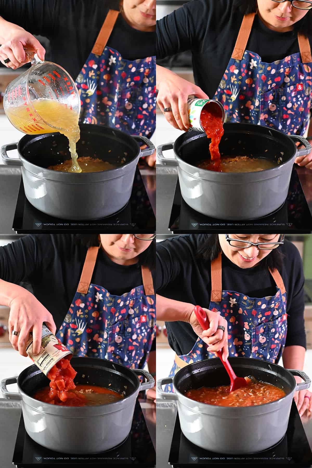 Four sequential photos showing someone adding bone broth, a can of tomato puree, and a can of diced tomatoes into a pot of seasoned ground beef. The last shot is someone stirring it all together.