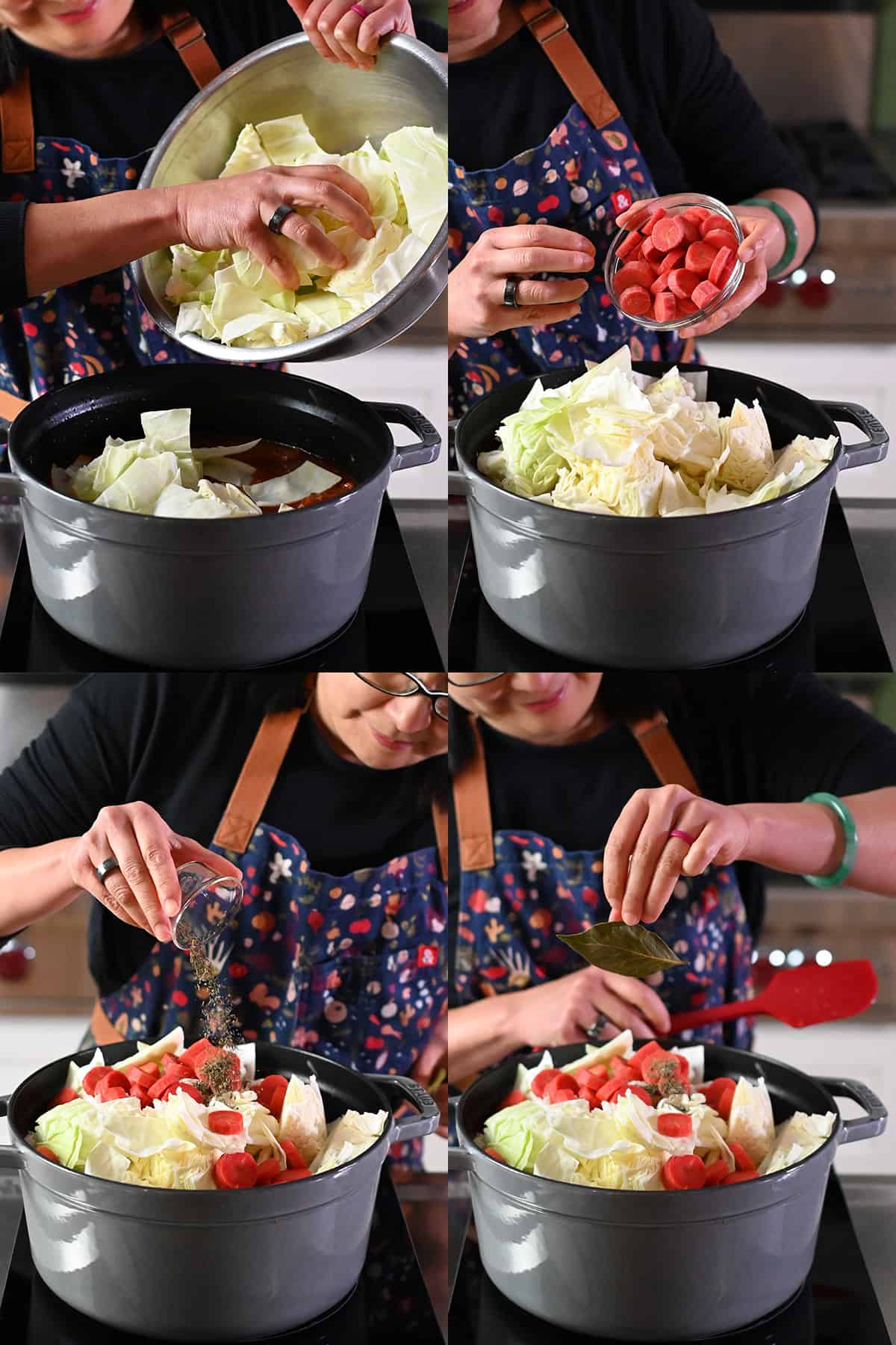 Four sequential shots that show someone adding chopped cabbage, chopped carrot rounds, dried thyme, and a bay leaf into a large pot to make cabbage roll soup.