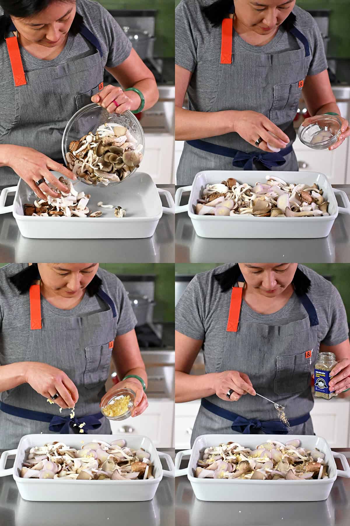 Adding assorted mushrooms, sliced shallots, minced garlic, and Nom Nom Paleo Nomstastic Grilling Powder to a white rectangular casserole dish.