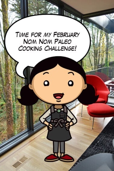 A cartoon Michelle Tam is standing in front of a window and has a word bubble saying. "Time for my February 2024 cooking challenge!"