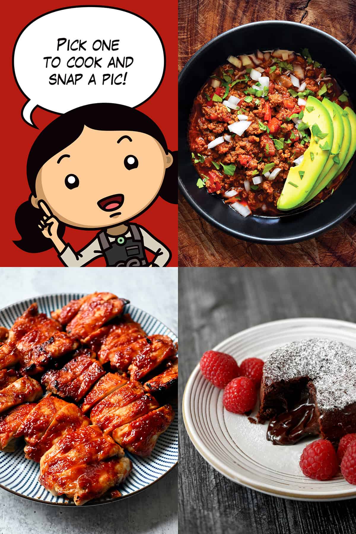 A collage of 4 photos: one is of a cartoon Michelle Tam saying, "pick one to cook and snap a pic!", a bowl of chili, paleo chocolate lava cake, and a plate of char siu chicken.