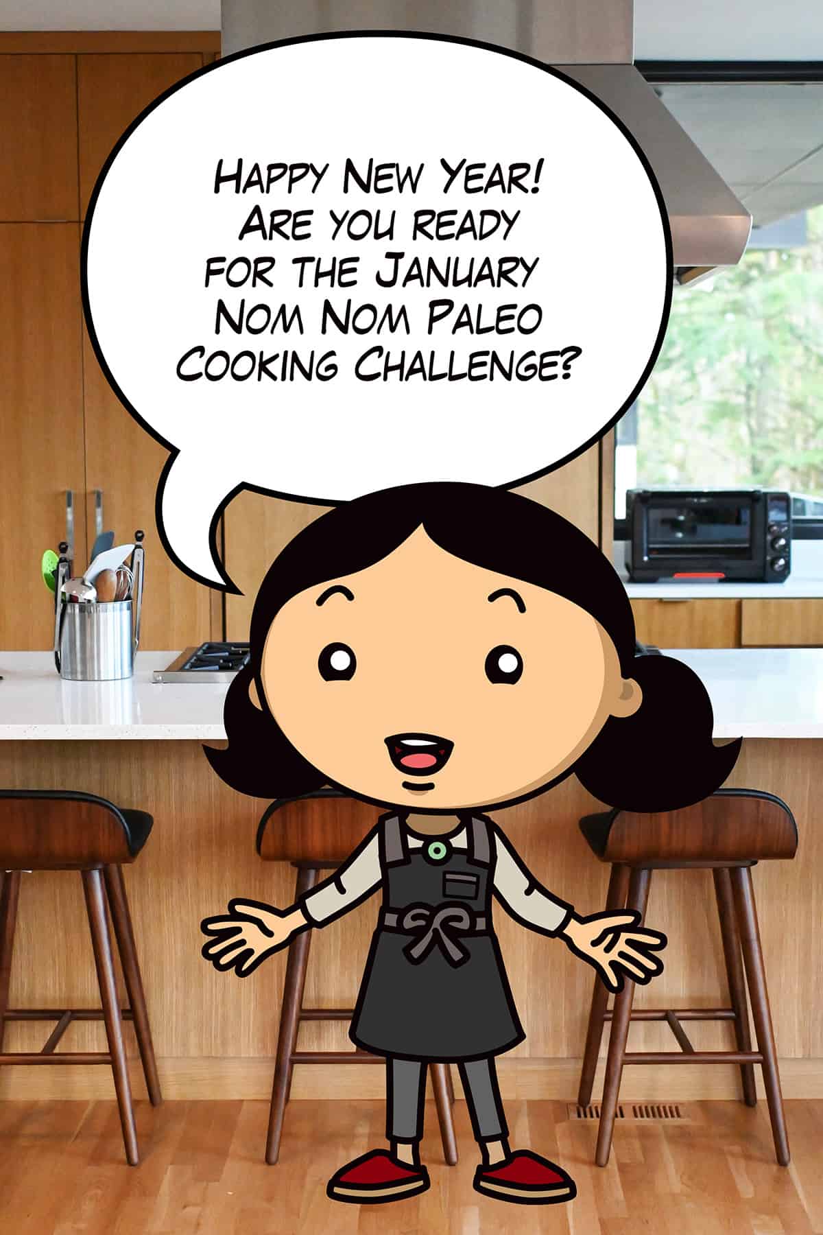 A cartoon Michelle Tam is announcing the January 2024 cooking challenge.