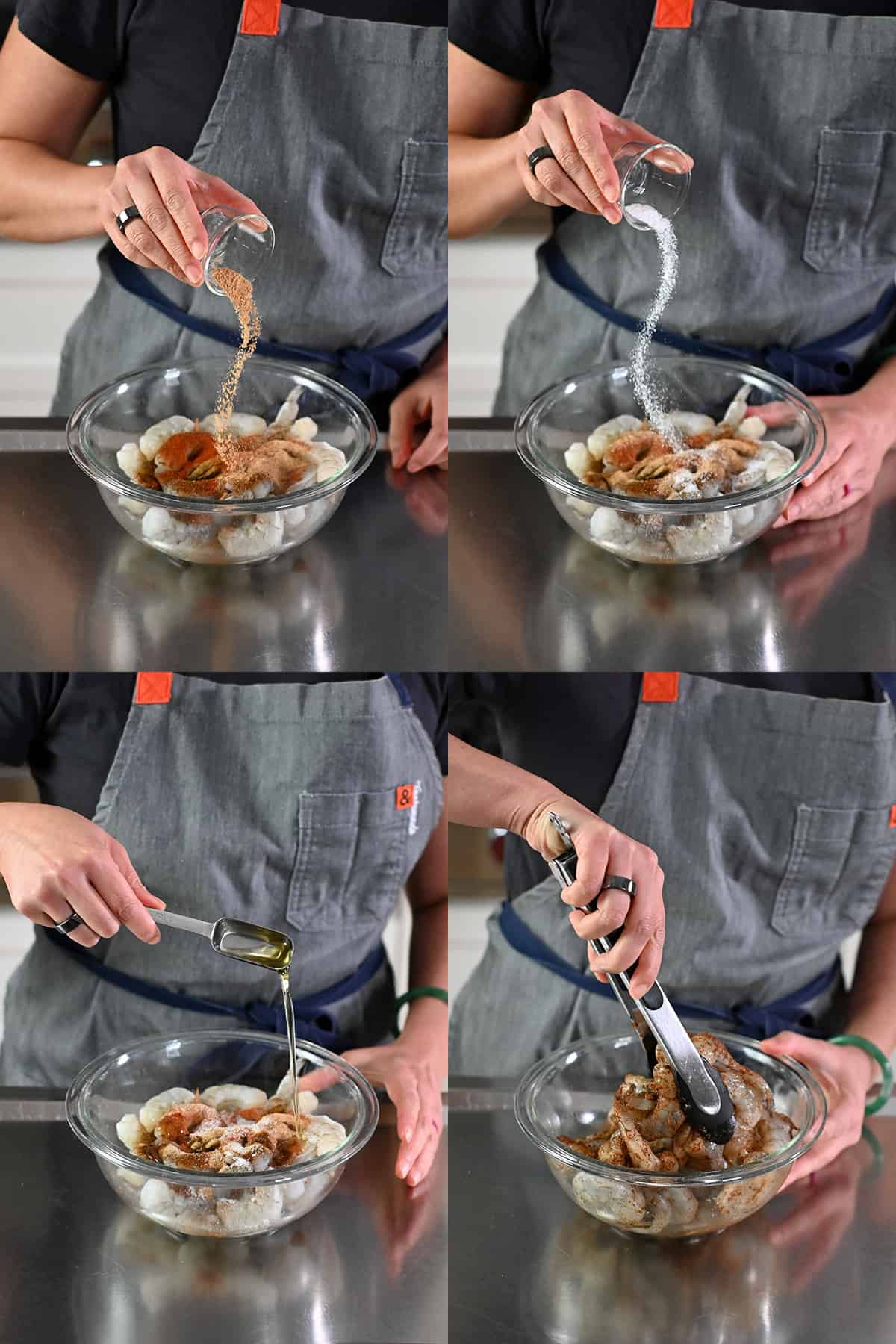 Adding seasoning and oil to a bowl of raw shrimp and tossing everything together with a pair of tongs.
