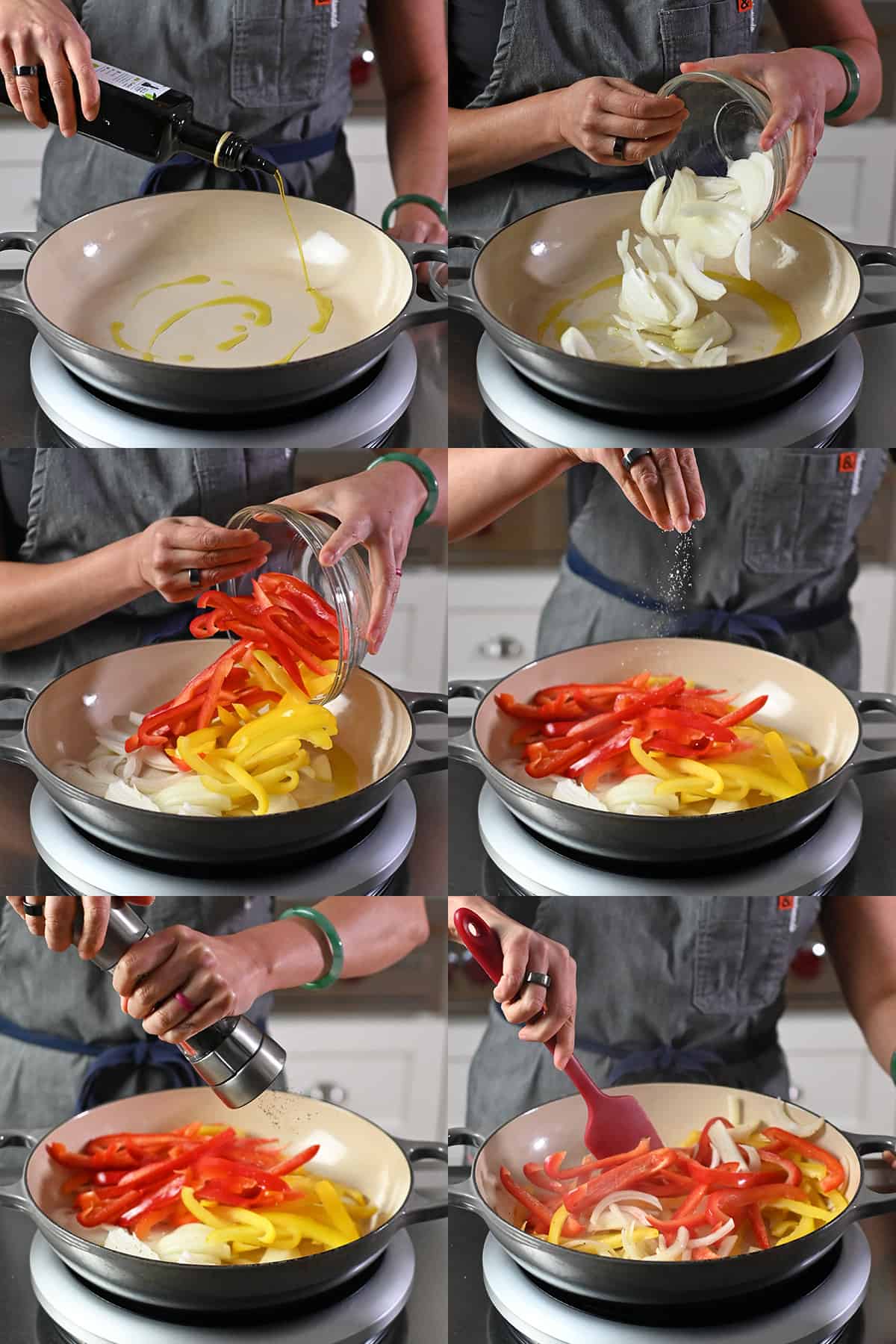 Six sequential shots that show someone adding olive oil to a hot pan, along with sliced bell peppers, onions, salt, and pepper.