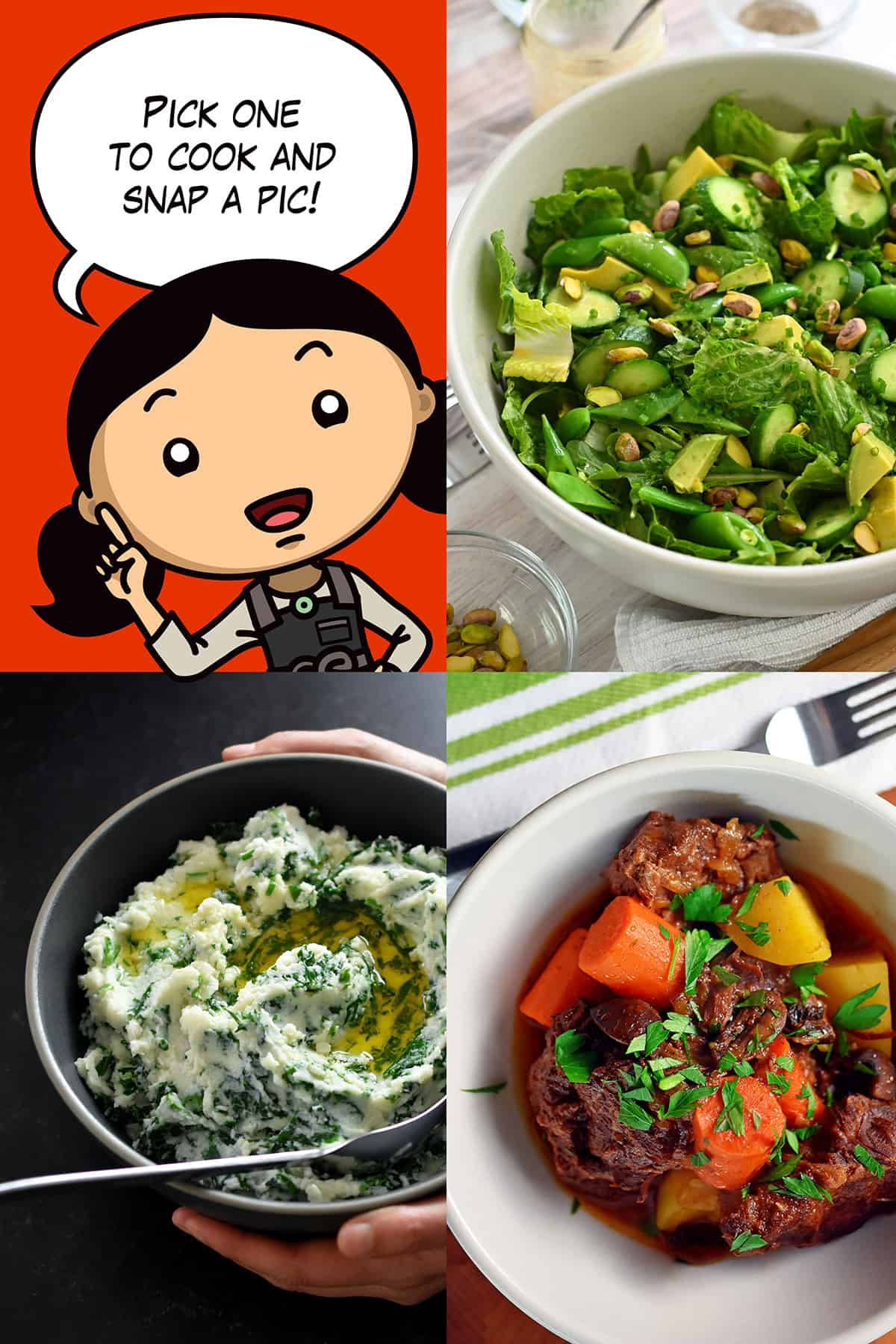 A cartoon Michelle Tam is telling people to choose one dish (cauliflower colcannon, chopped salad, or Instant Pot Beef Stew) and take a picture of it.