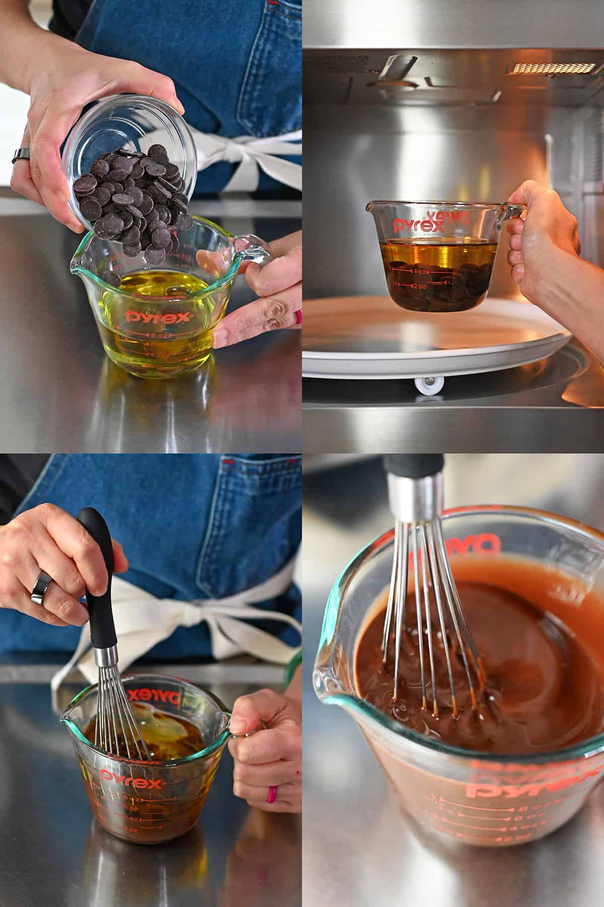 Adding dark chocolate chips to a glass measuring cup with avocado oil, microwaving it for 1 minute, and then stirring it until it is uniform.