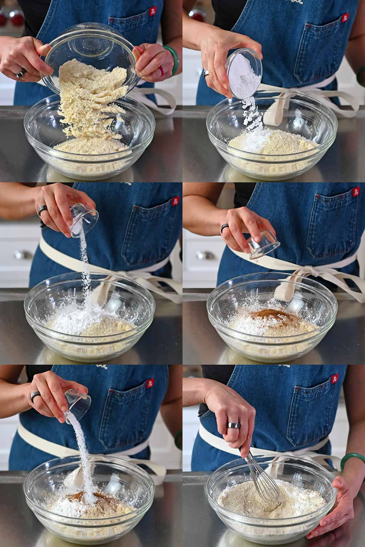 Six sequential photos that show someone combining the dry ingredients to make paleo banana cookies in a glass bowl.