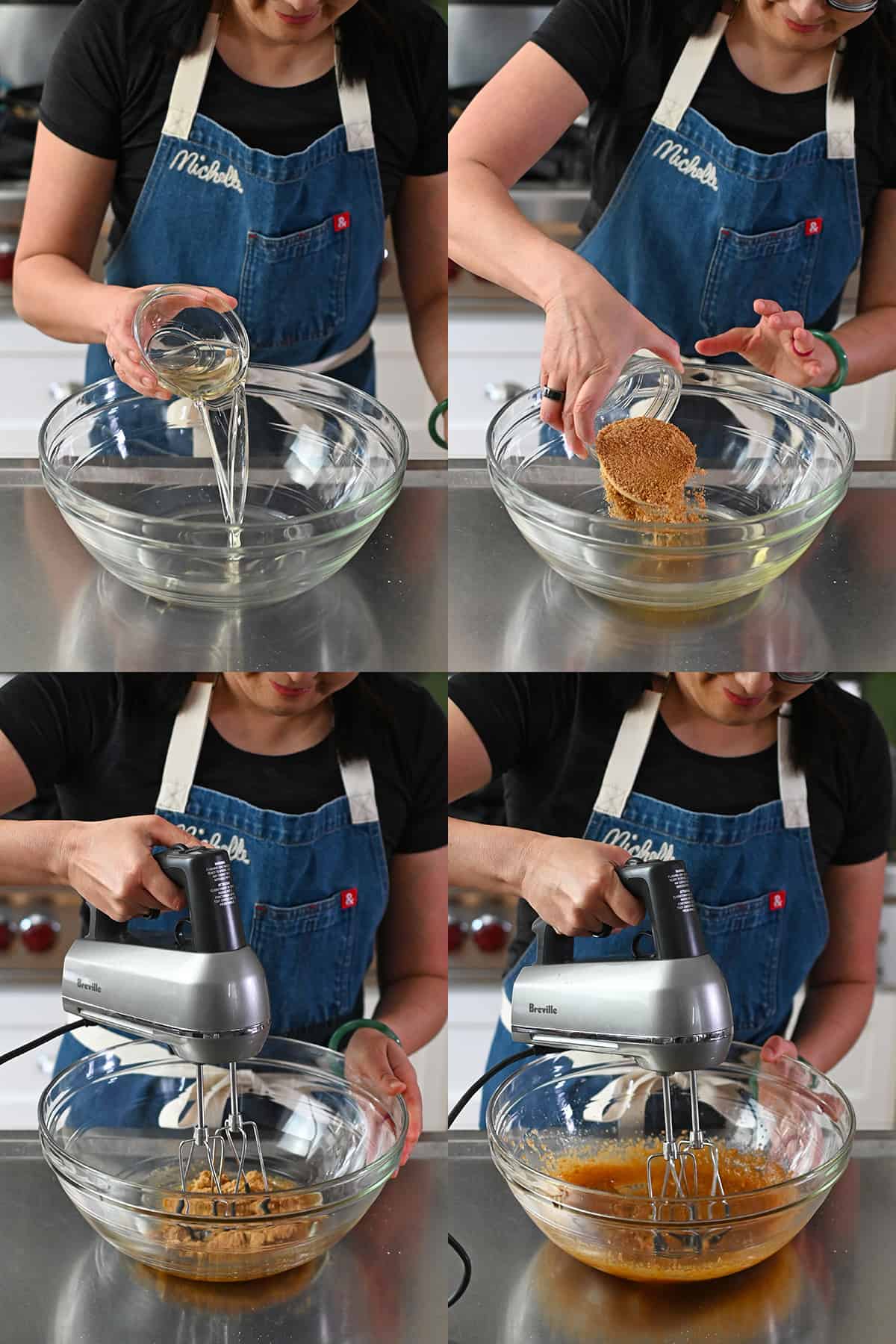 Four sequential photos showing someone combining melted coconut oil and coconut sugar in a glass bowl and mixing them with an electric mixer.