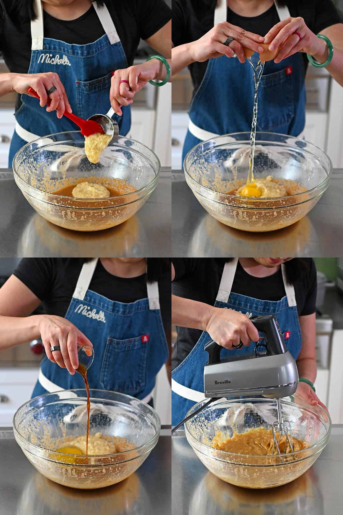 Four sequential photos that show someone adding mashed banana, a raw egg, and vanilla to a bowl of paleo banana cookies batter and mixing it all together with an electric hand mixer.