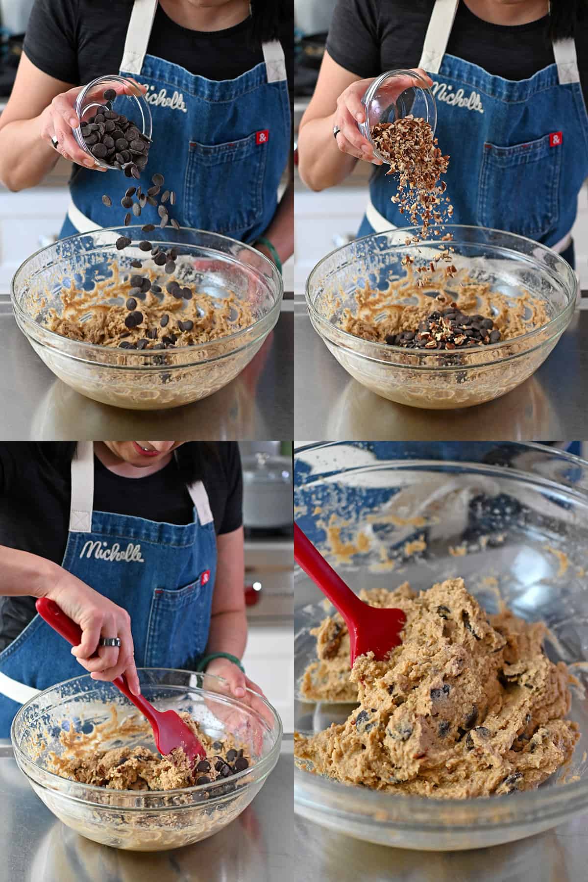 Four sequential photos that show someone adding chocolate chips and chopped nuts to a bowl filled with banana cookies batter and mixing it in with a red silicone spatula.