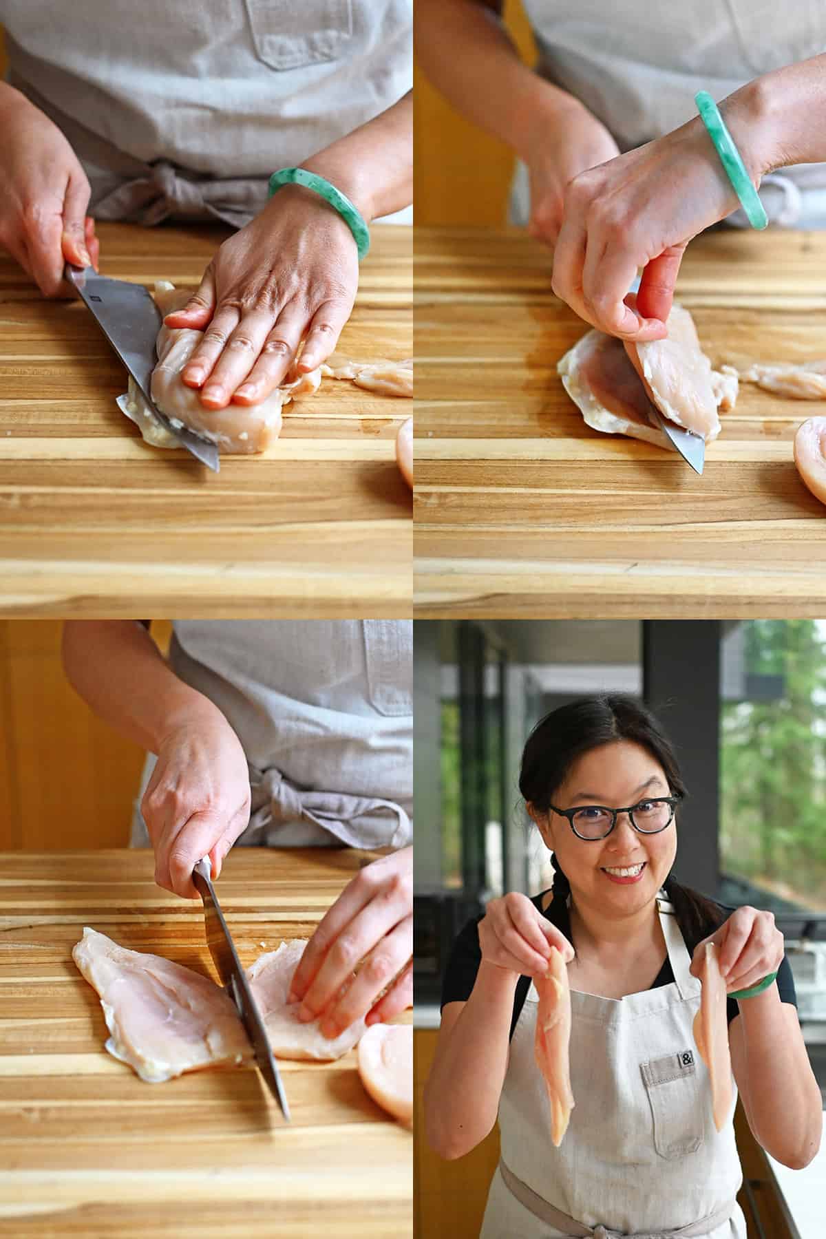 Four step-by-step shots that show someone cutting a boneless skinless chicken breast in half lengthwise to make to thin cutlets.