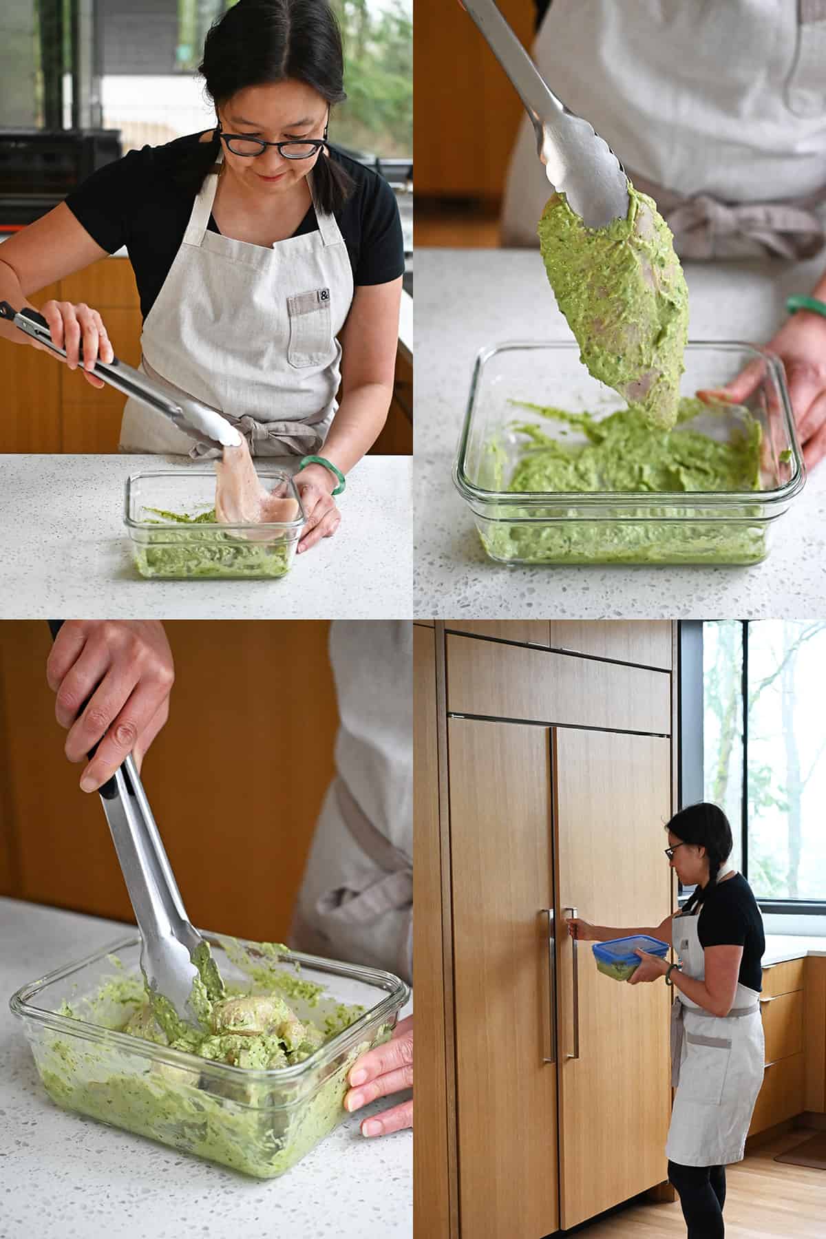 Four sequential shots that show an Asian woman adding chicken cutlets to a glass storage container filled with pesto and mayonnaise sauce and then covering it and placing it in the refrigerator.