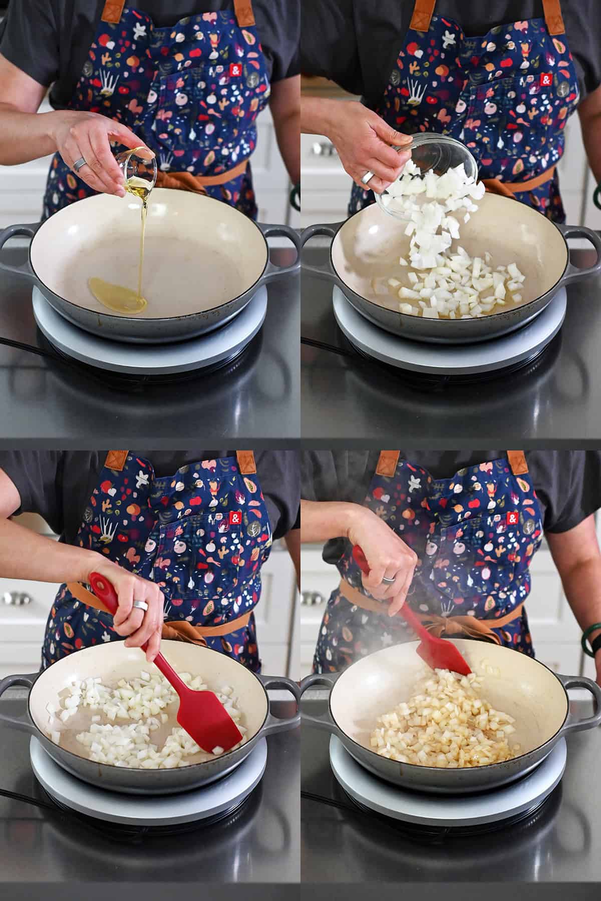 Four sequential photos that show someone in a blue apron adding avocado oil to a large skillet, followed by some diced onions.