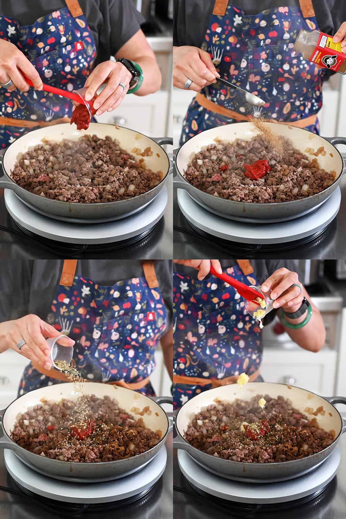 Four sequential photos that show someone in a blue apron seasoning cooked ground beef and diced onions in a gray skillet with tomato paste, Magic Mushroom Powder, Italian seasoning, and minced garlic.