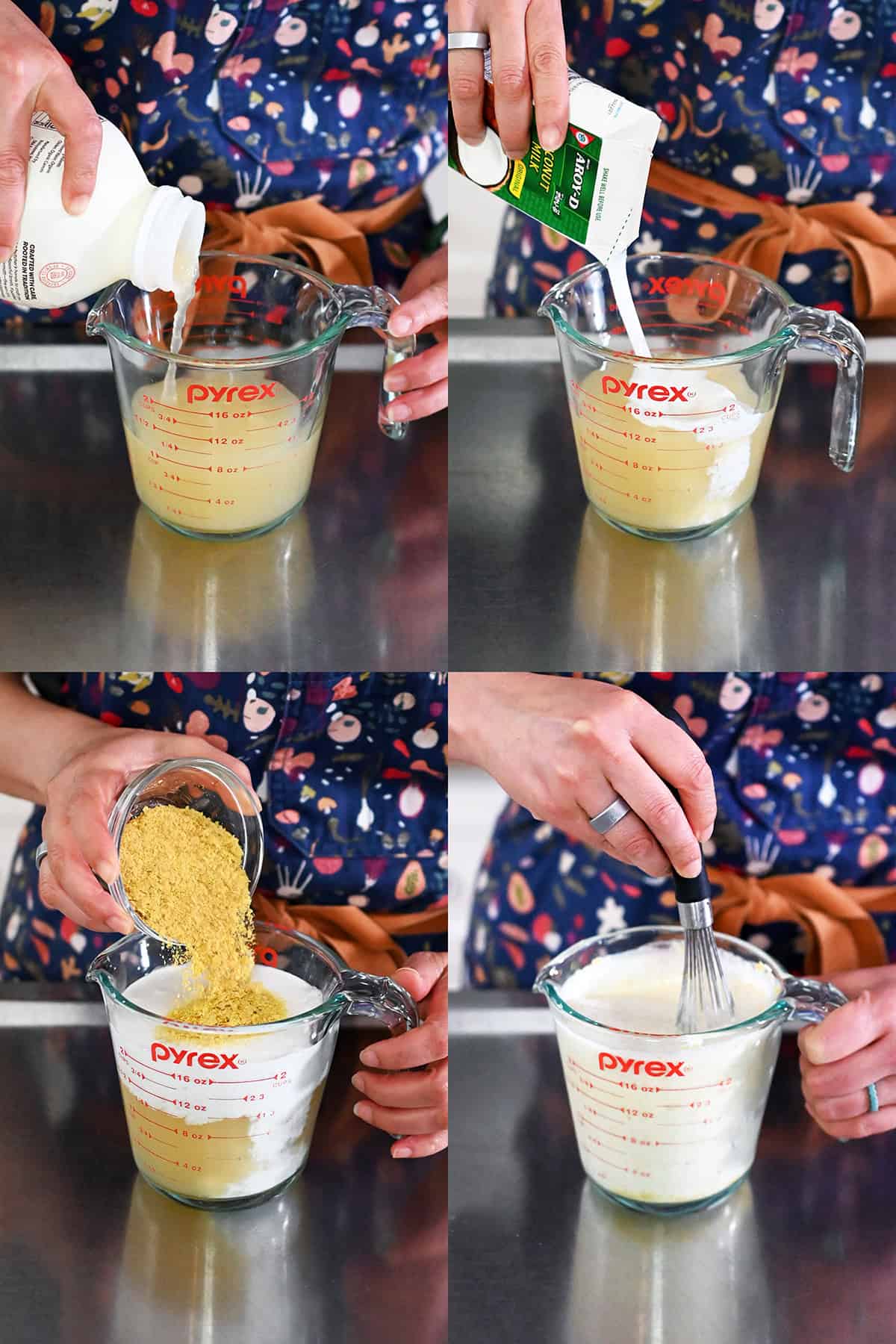 Four sequential photos that show someone mixing the sauce in a 2-cup Pyrex measuring cup by adding chicken broth, coconut milk, and nutritional yeast and whisking until uniform.
