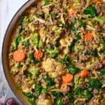 An overhead shot of the finished skillet ground beef and potatoes dish, ready to serve.