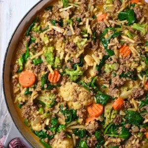 An overhead shot of the finished skillet ground beef and potatoes dish, ready to serve.