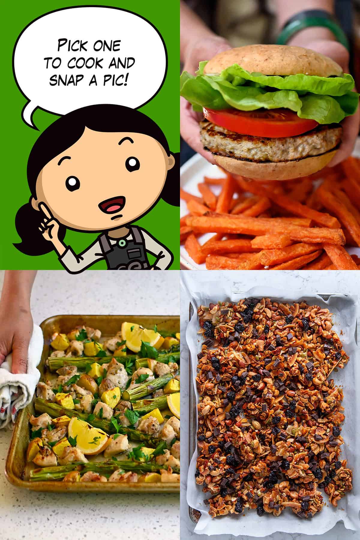 A cartoon Michelle Tam is showing the three recipes for the June 2026 cooking challenge: turkey burgers, chocolate cherry granola, and sheet pan greek chicken and potatoes.