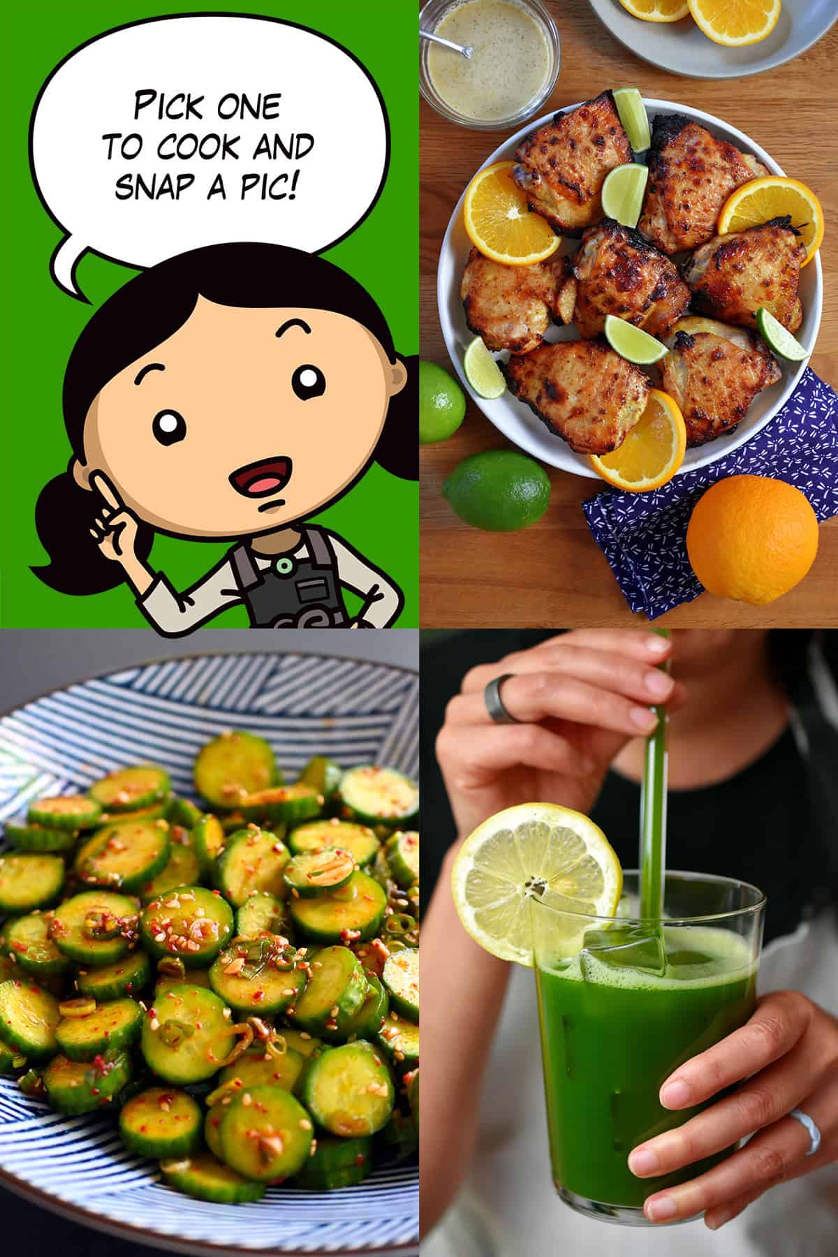 A cartoon Michelle Tam is announcing the three recipes in the August cooking challenge: Mojo Chicken, Matcha Lemonade, and Korean Cucumber Salad.