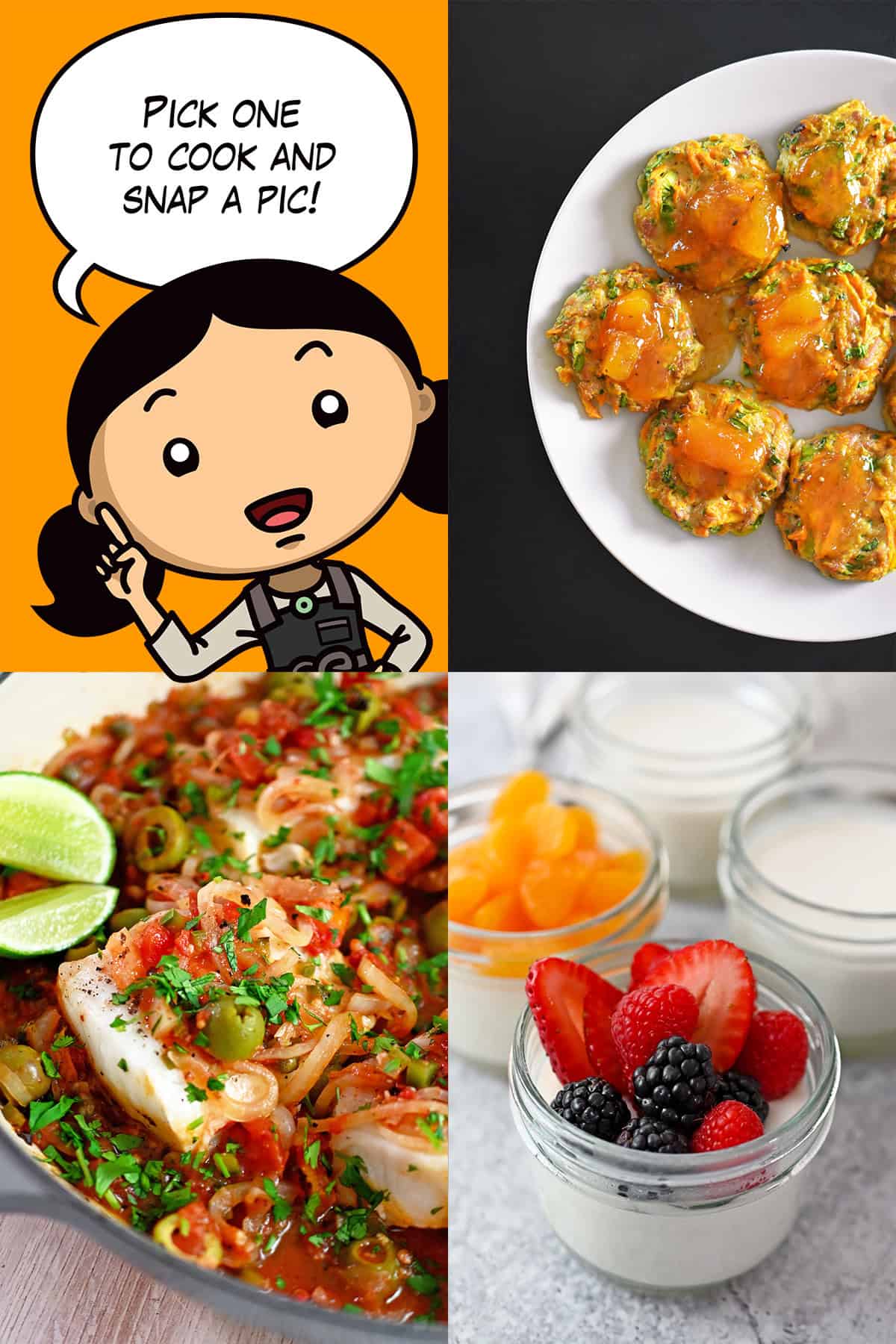 A cartoon Michelle Tam tells people to cook on of the three dishes listed and take a picture of it: curry turkey bites, coconut jelly, and fish with Veracruz sauce.