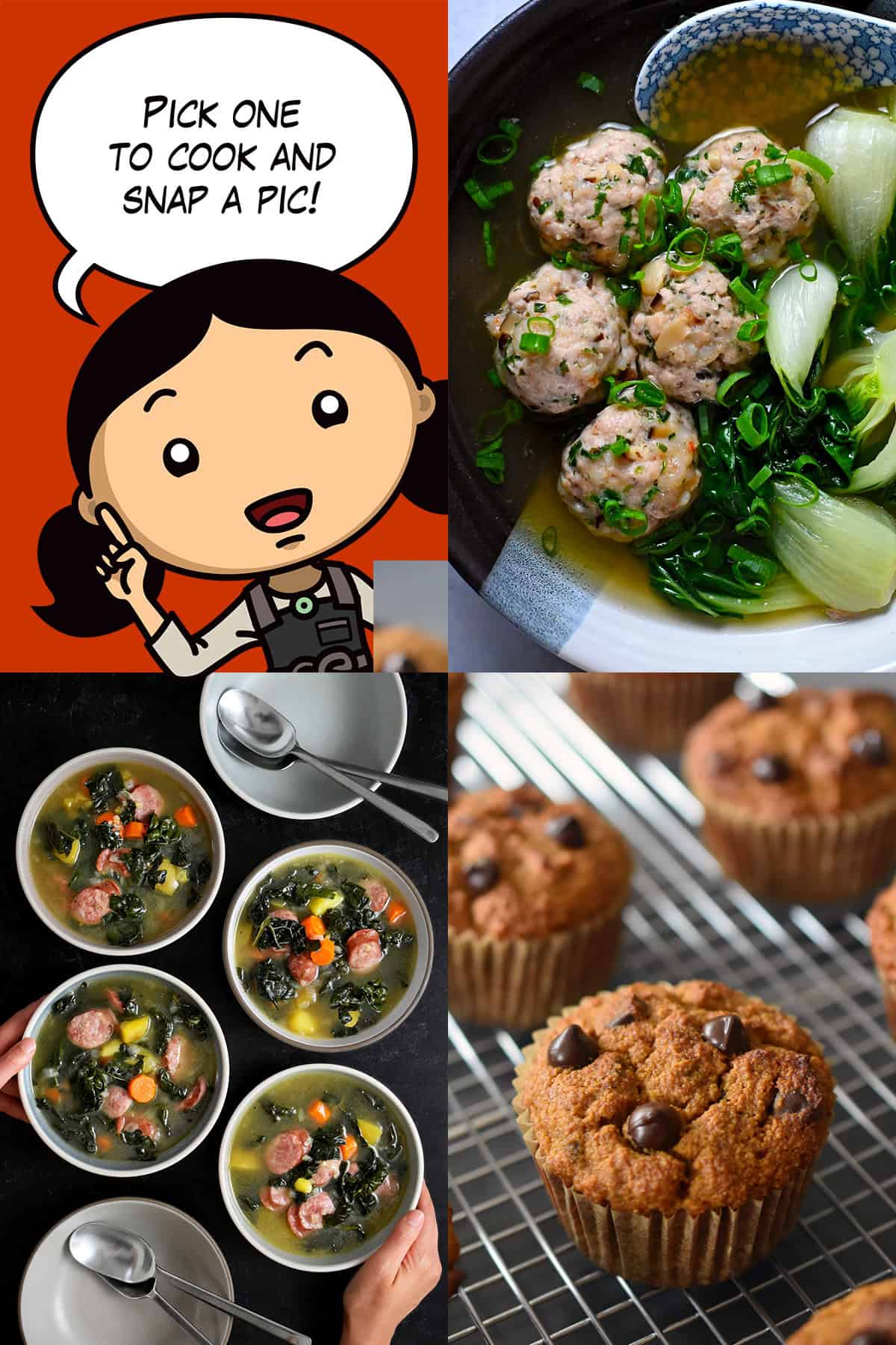 A cartoon Michelle Tam is pictured with the three dishes featured in the October Nom Nom Paleo Cooking Challenge: wonton soup, chocolate chip pumpkin muffins, and kale and sausage soup.